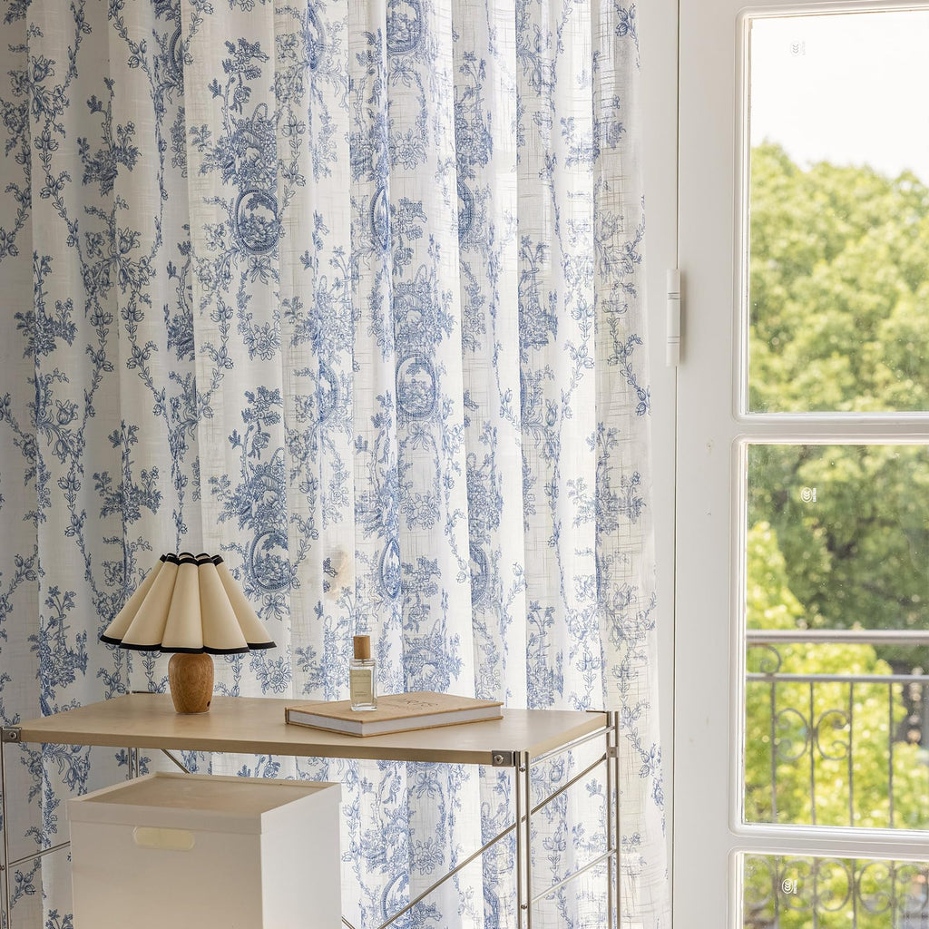 SUOUO Blue Leaf Semi Sheer White Curtains for Bedroom Dining Living Room Linen Textured 84 inches Long Rod Pocket Boho Window Drapes 2 Panels