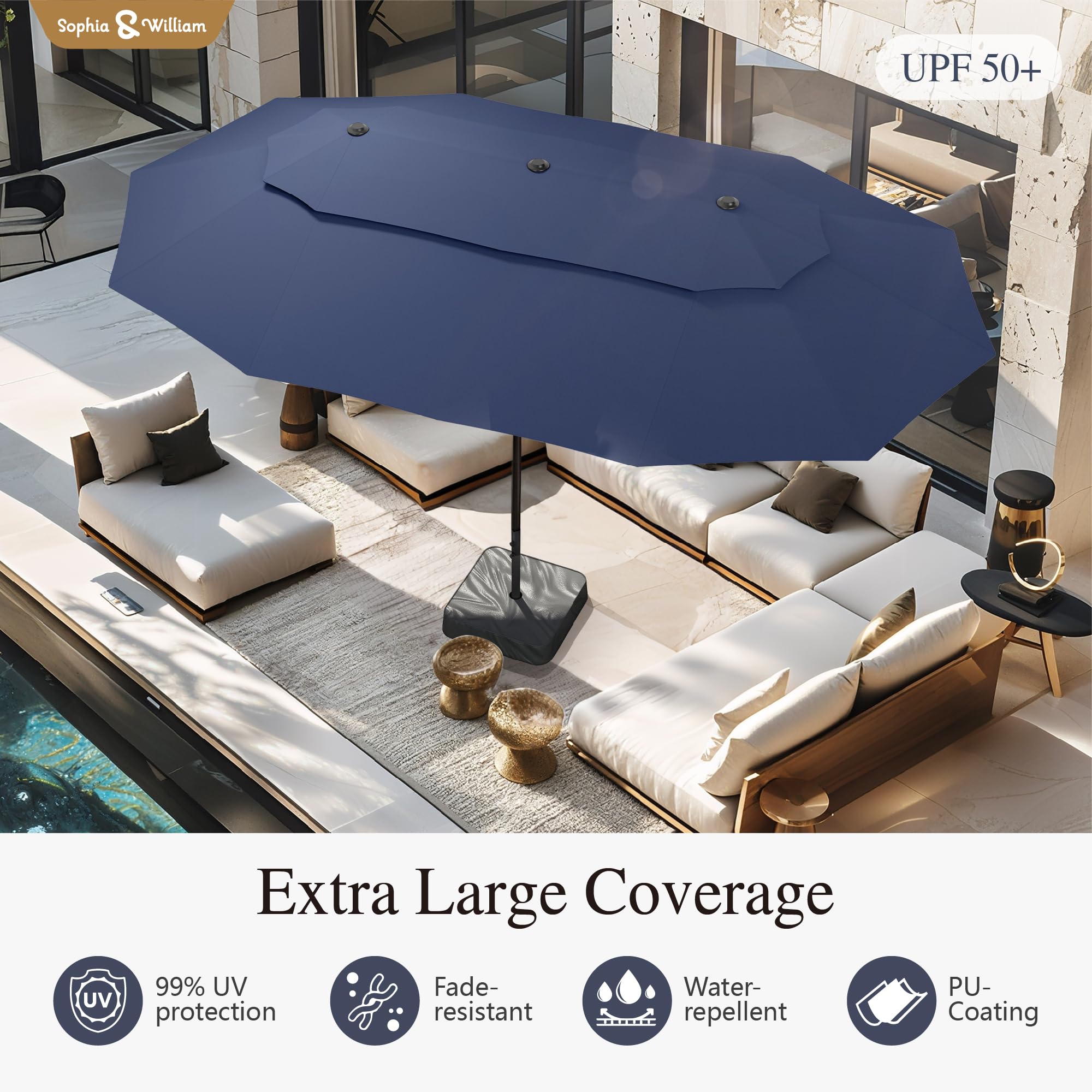Sophia & William 15 ft Extra Large Patio Umbrella with Base Included, Rectangular Outdoor Umbrella Heavy Duty, Market Umbrella Double-sided Fade Resistant for Pool Garden Backyard, Beige