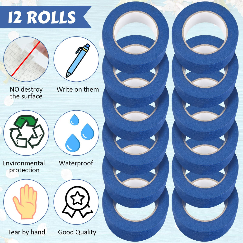 Fainne 12 Rolls Blue Painters Tape Bulk Multi Pack Safe Paint Paper Masking Tape for Wall Painting Decoration Supplies (Blue,1 Inch X 55 Yards)