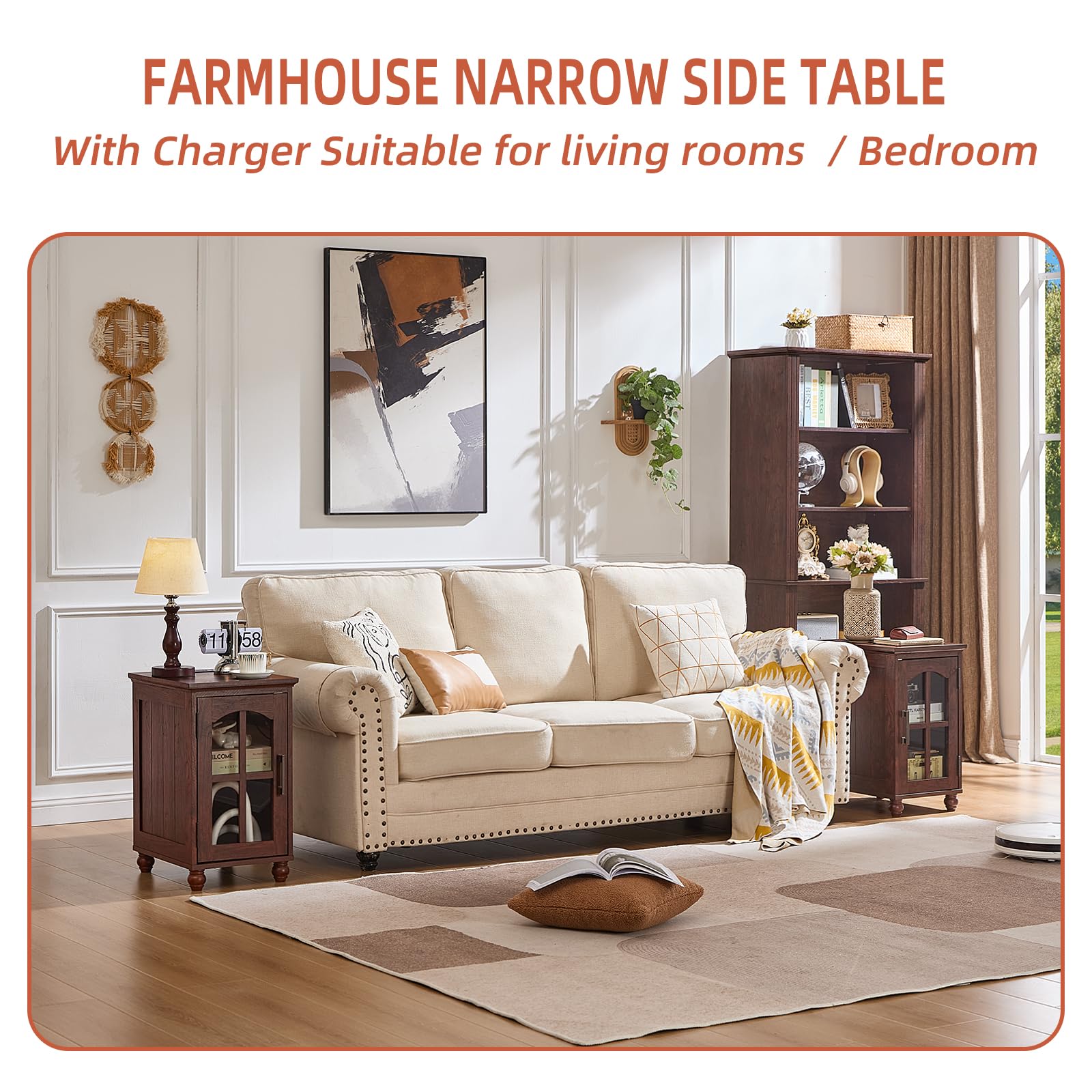 Narrow Side Table,Farmhouse Nightstand with Charging Station,Wood End Table with Glass Barn Door Storage, Cabinet Organizer with Adjustable Shelf, Night Stand for Small Spaces for Living Room Bedroom