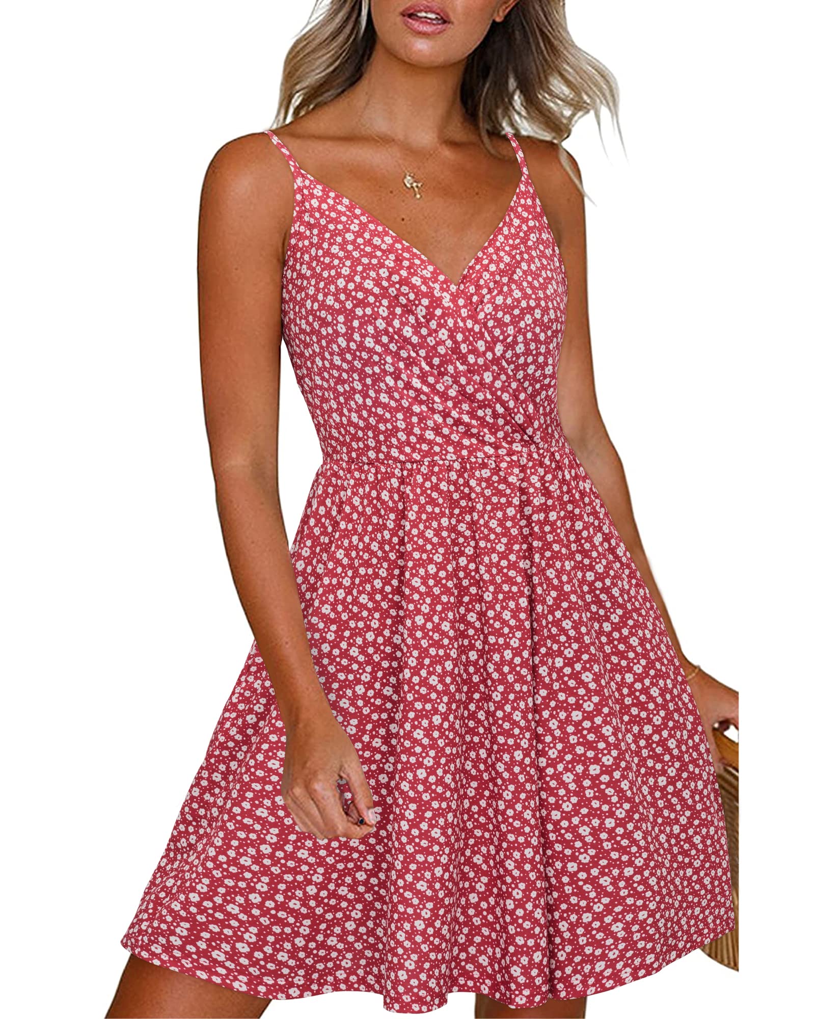Newshows Women's Summer Dress 2025 Spaghetti Strap Sleeveless V Neck Casual Swing Sundress with Pockets