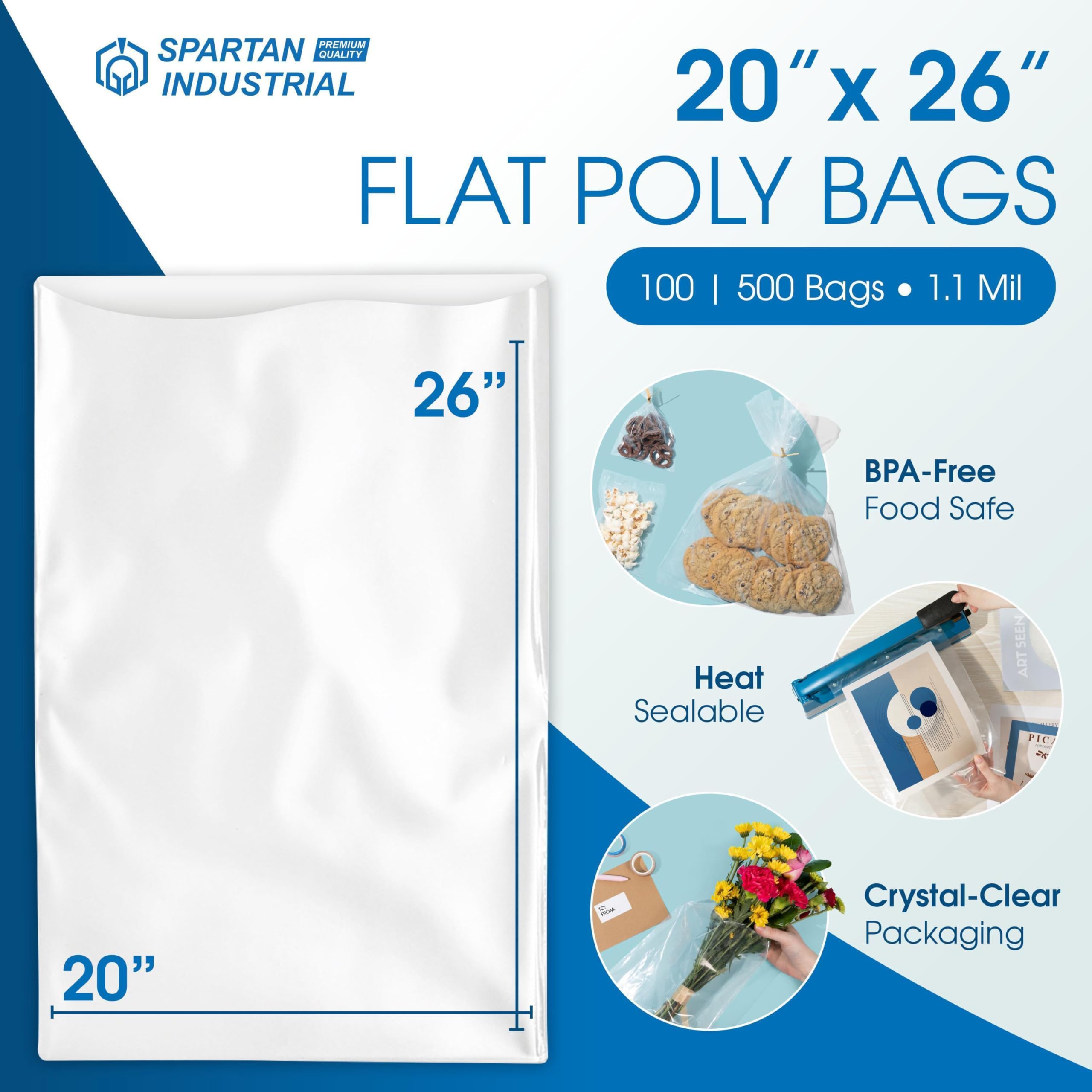 10" X 13" Open-End Flat Clear Poly Bags (100 Count) - 1.1 Mil Clear Plastic Bags for Packaging and Storage - No Adhesive Strip - Spartan Industrial