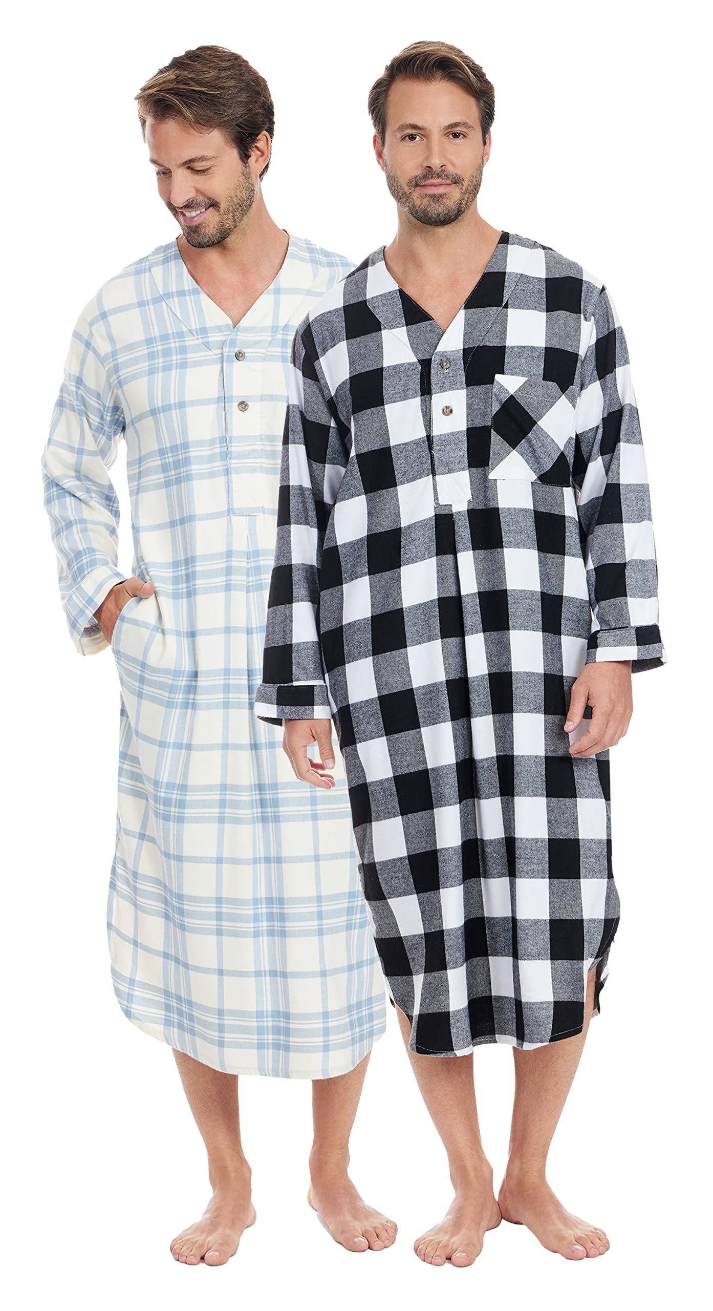 Andrew Scott Men's 2 Pack Lightweight Cotton Flannel Sleep Shirt, Long Henley Nightshirt Pajamas