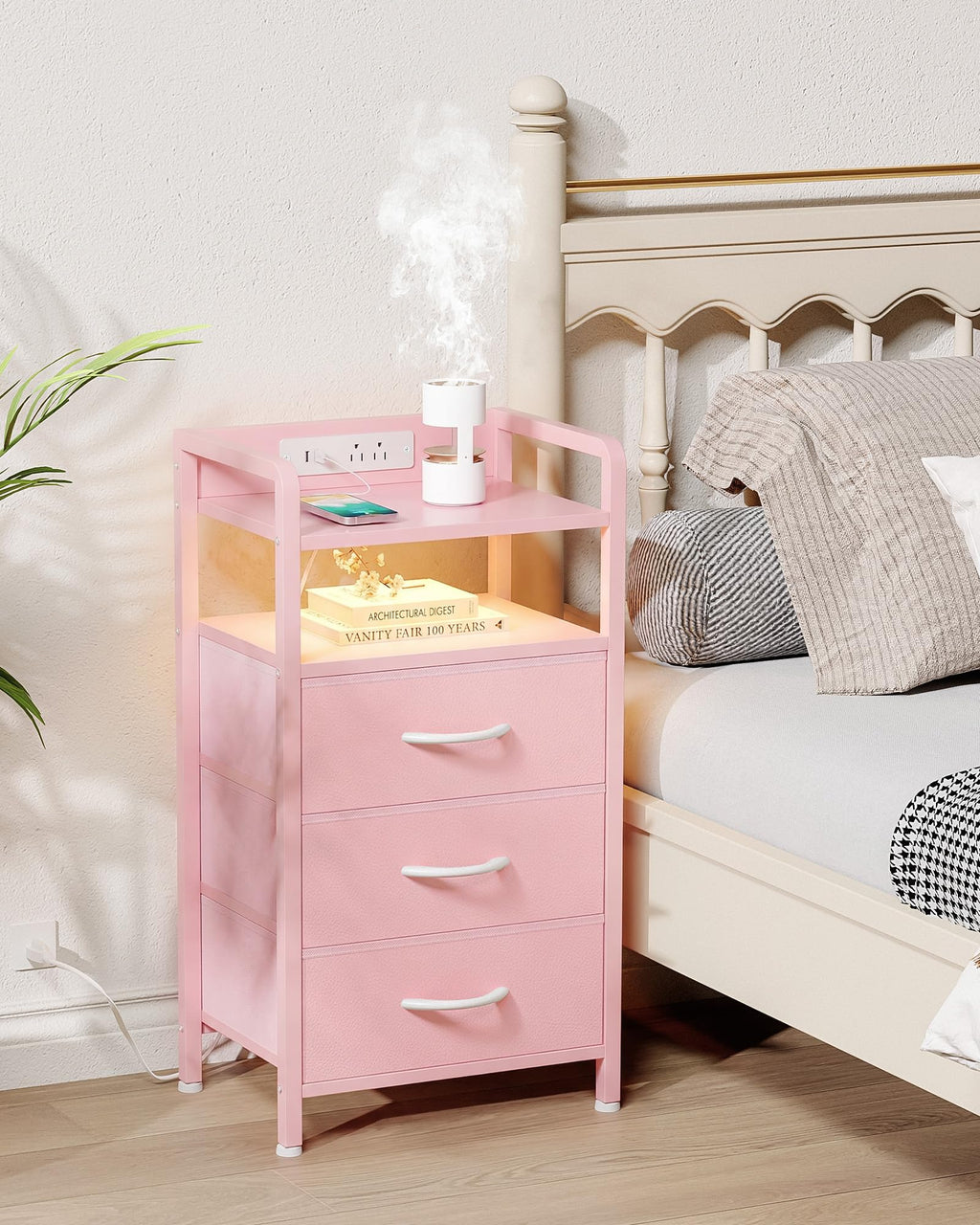 Lazzanto Night Stand Bedside Charger Bedroom - Nightstand with Charging Station & LED Light Strip, Night Stand with Storage Shelf & 2 Fabric Drawers, Morden End Table with U-S-B Ports & AC Outlets