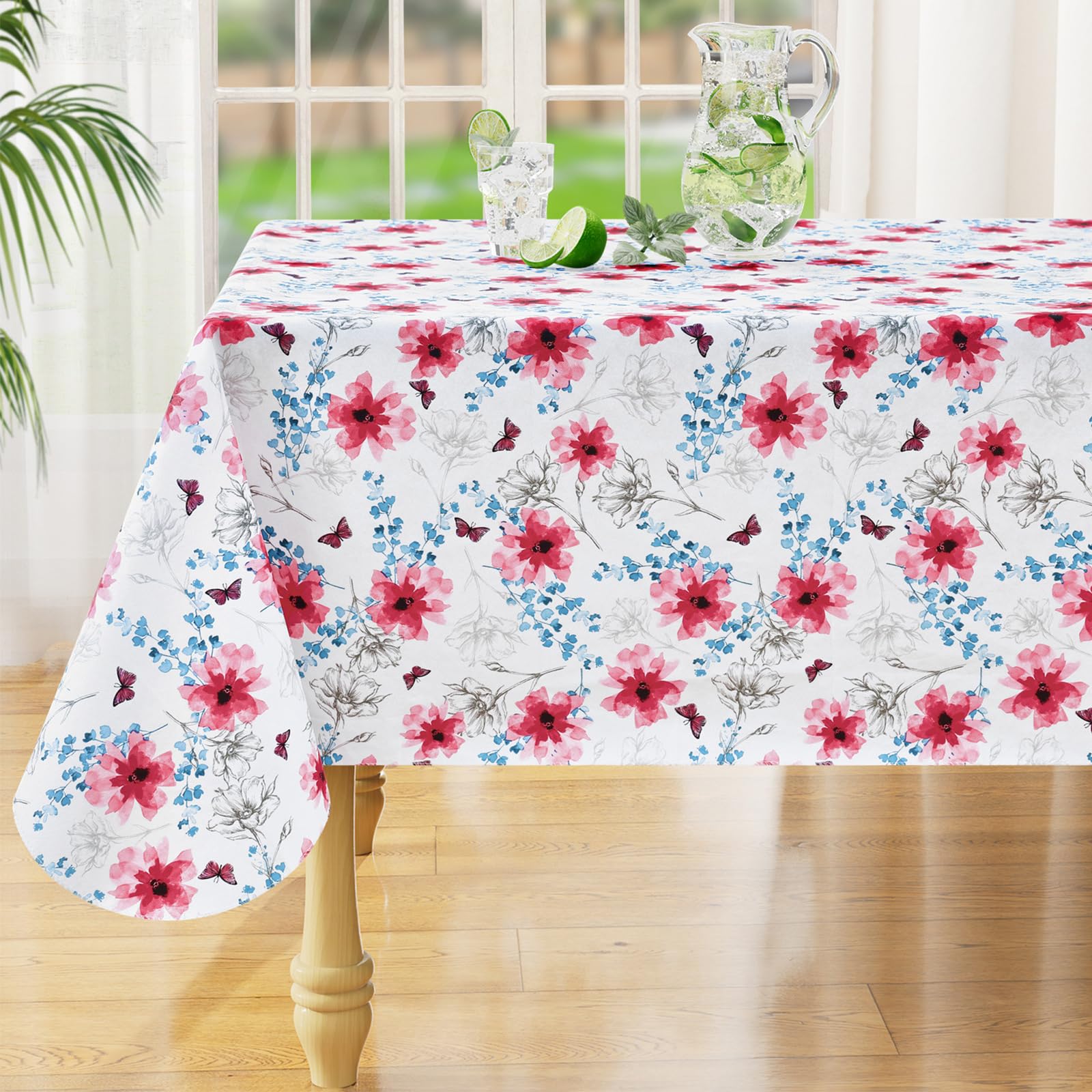 misaya Square Waterproof Vinyl Table Cloth, Wipeable Tablecloth with Flannel Backing, Plastic Table Cover for Dinner, Picnic, Indoor and Outdoor (Blue Leaves, 54" x 54")