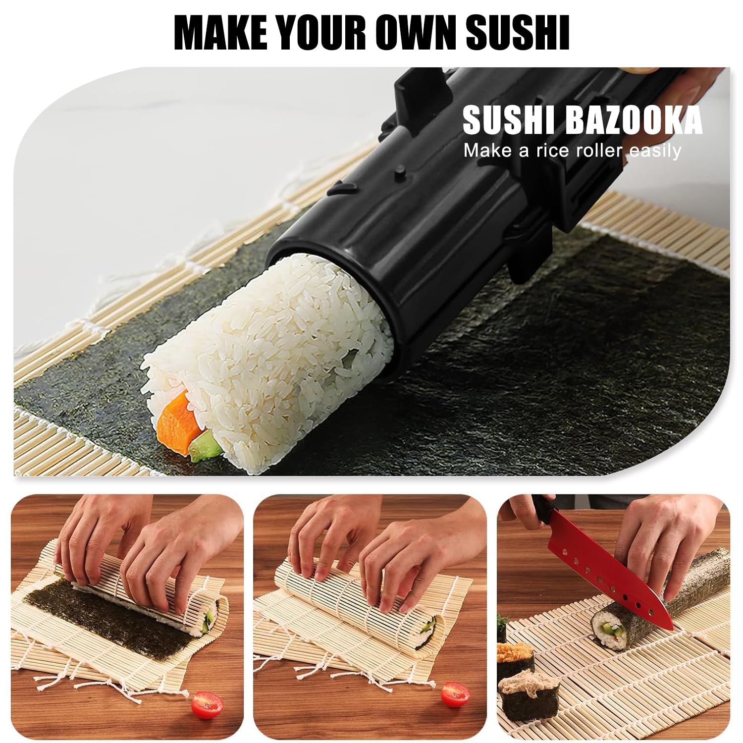 SmileTools Sushi Making Kit, 22pcs Roller Maker for Beginners With Guide Book, Bazooka, Knife, Mat, Avocado Slicer, Chopsticks, Sauce Dishes & More - Sushi Lover's Gift