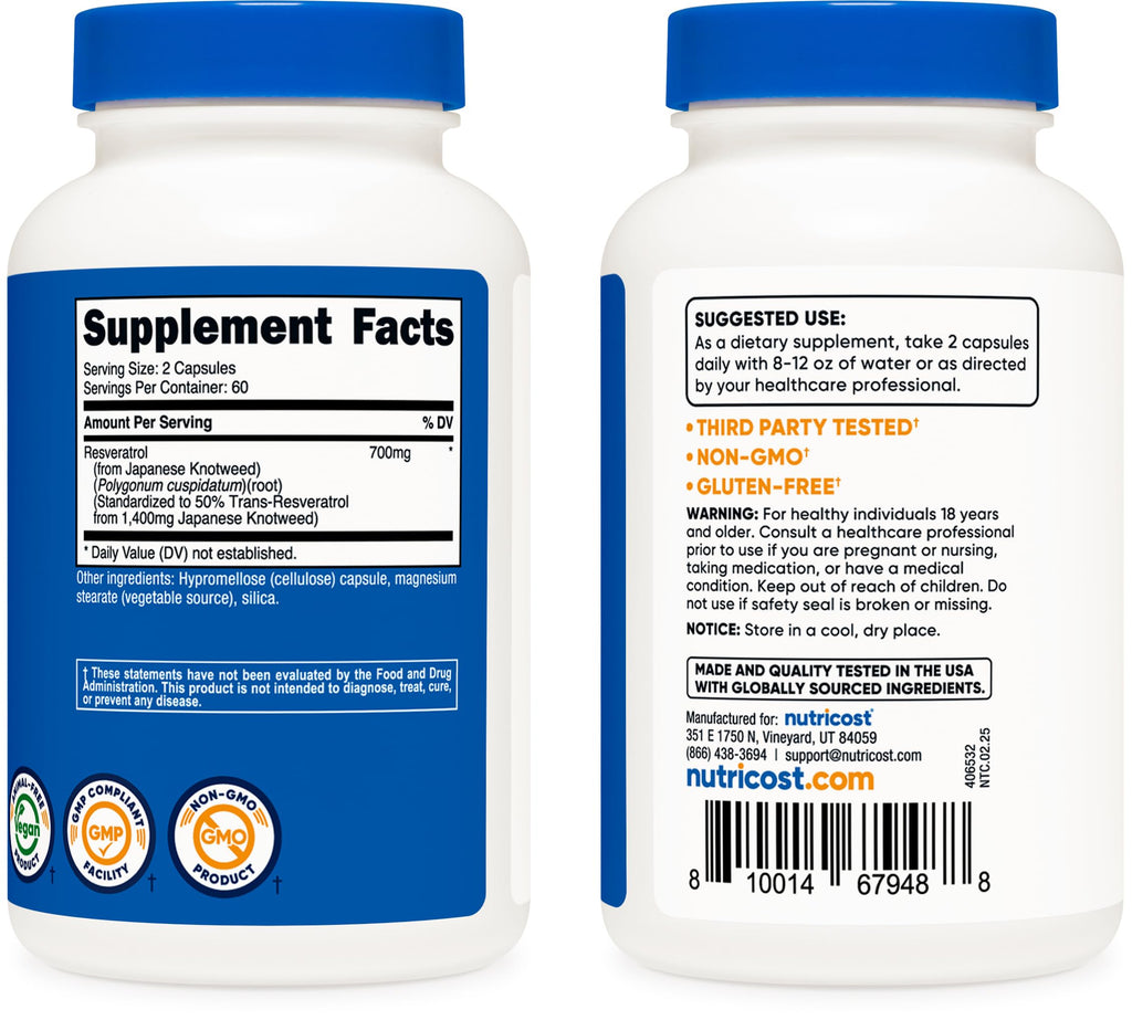 Nutricost Resveratrol 700mg; 120 Vegetable Capsules - 50% Trans-Resveratrol (3 Bottles)