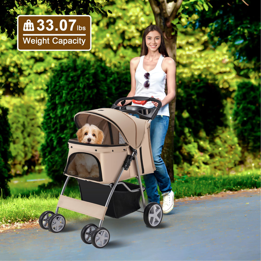 Pet Stroller, 4 Wheels Pet Strolling Cart for Medium/Small Dogs and Cats, Foldable Cat Jogger/Dog Stroller with Cup Holder, Storage Basket, Breathable Mesh, All-Season Pet Carrier, Black