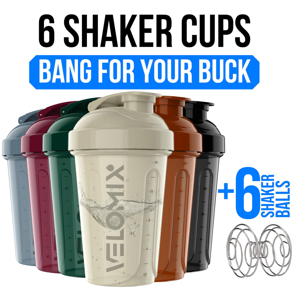 VELOMIX -6 PACK- 20 oz Protein Shaker Bottle for Protein Mixes - 6x Wire Whisk | Leak Proof Shaker Cups for Protein Shakes| Stackable Protein Shaker Bottle Pack | Dishwasher Safe (ALL IN BLACK)