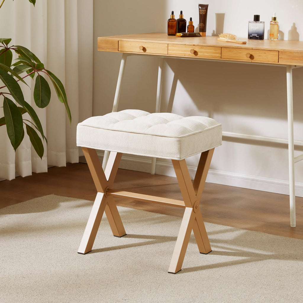 Royal Windsor Vanity Stool with Saddle Cushion, 18 Inch Makeup Vanity Chair for Living Room, Modern Foot Stool Ottoman Piano Bench,Small Upholstered Bench for Bedroom, Beige