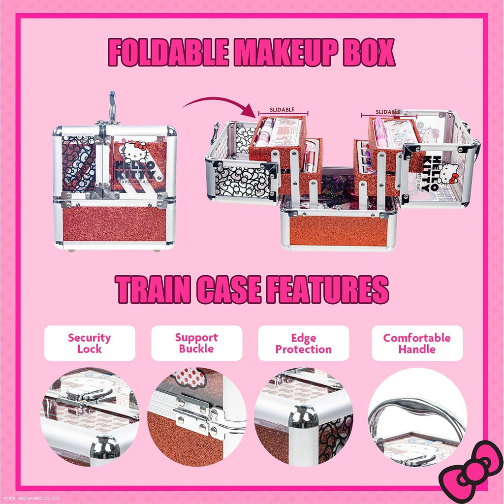 Hello Kitty Train Case Cosmetic Makeup Set Includes Lip Gloss, Eye Shimmer, Nail Polish, Hair Accessories & More! For Girls, Ages 6+ Perfect for Parties & Makeovers by Townley Girl