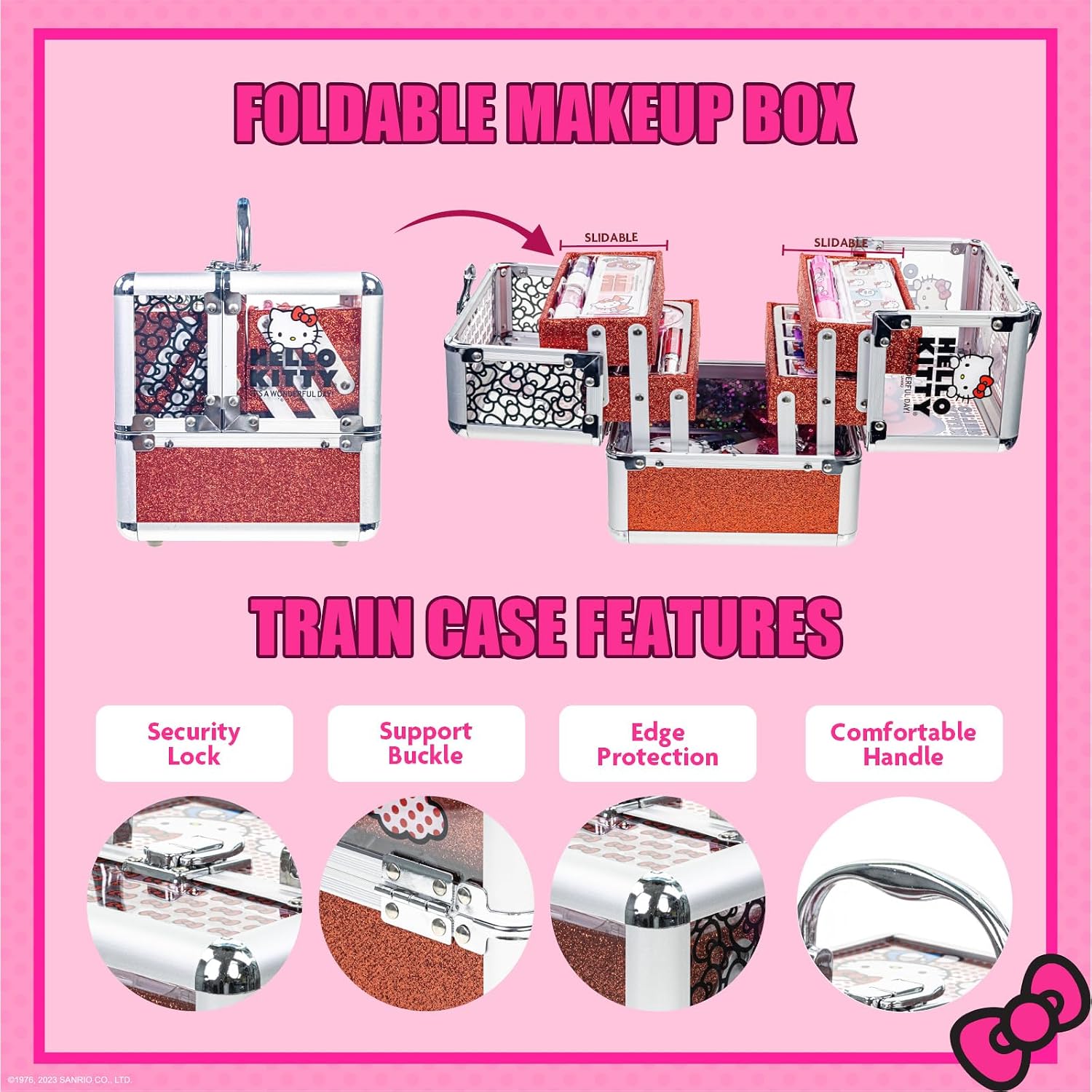 Hello Kitty Train Case Cosmetic Makeup Set Includes Lip Gloss, Eye Shimmer, Nail Polish, Hair Accessories & More! For Girls, Ages 6+ Perfect for Parties & Makeovers by Townley Girl
