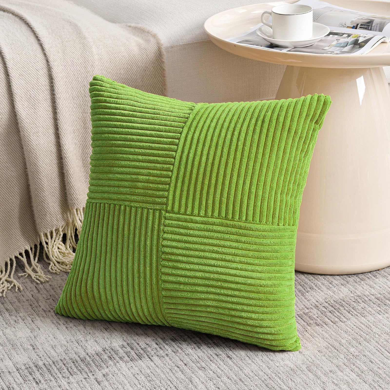 Fancy Homi Olive Green Samll Decorative Throw Pillow Covers 12x12 Inch with for Living Room Couch Bed Sofa, Rustic Farmhouse Boho Home Decor, Soft Corss Patchwork Corduroy Square Cushion Case 30x30 cm