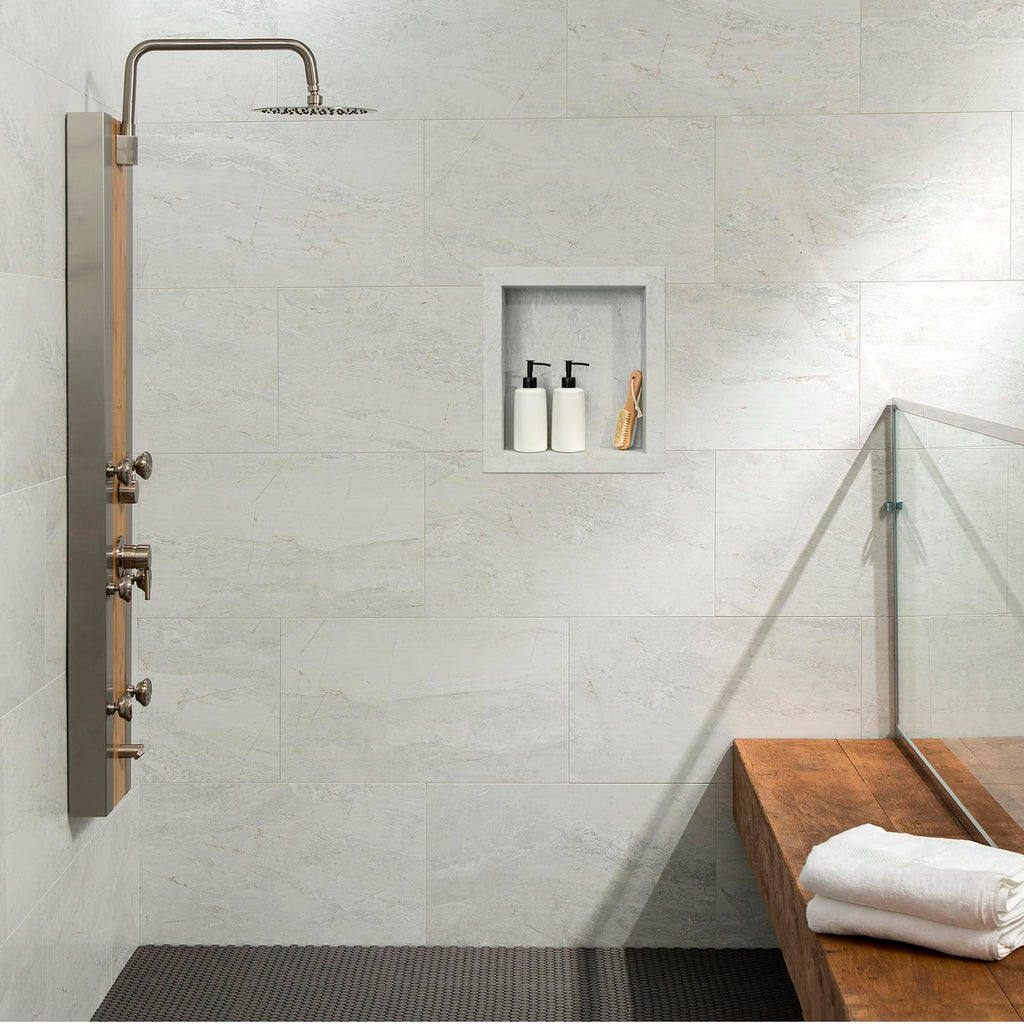 Palisade 17.5 in x 15.5 in Vinyl Shower Niche Ashen Slate | Waterproof Shower Insert