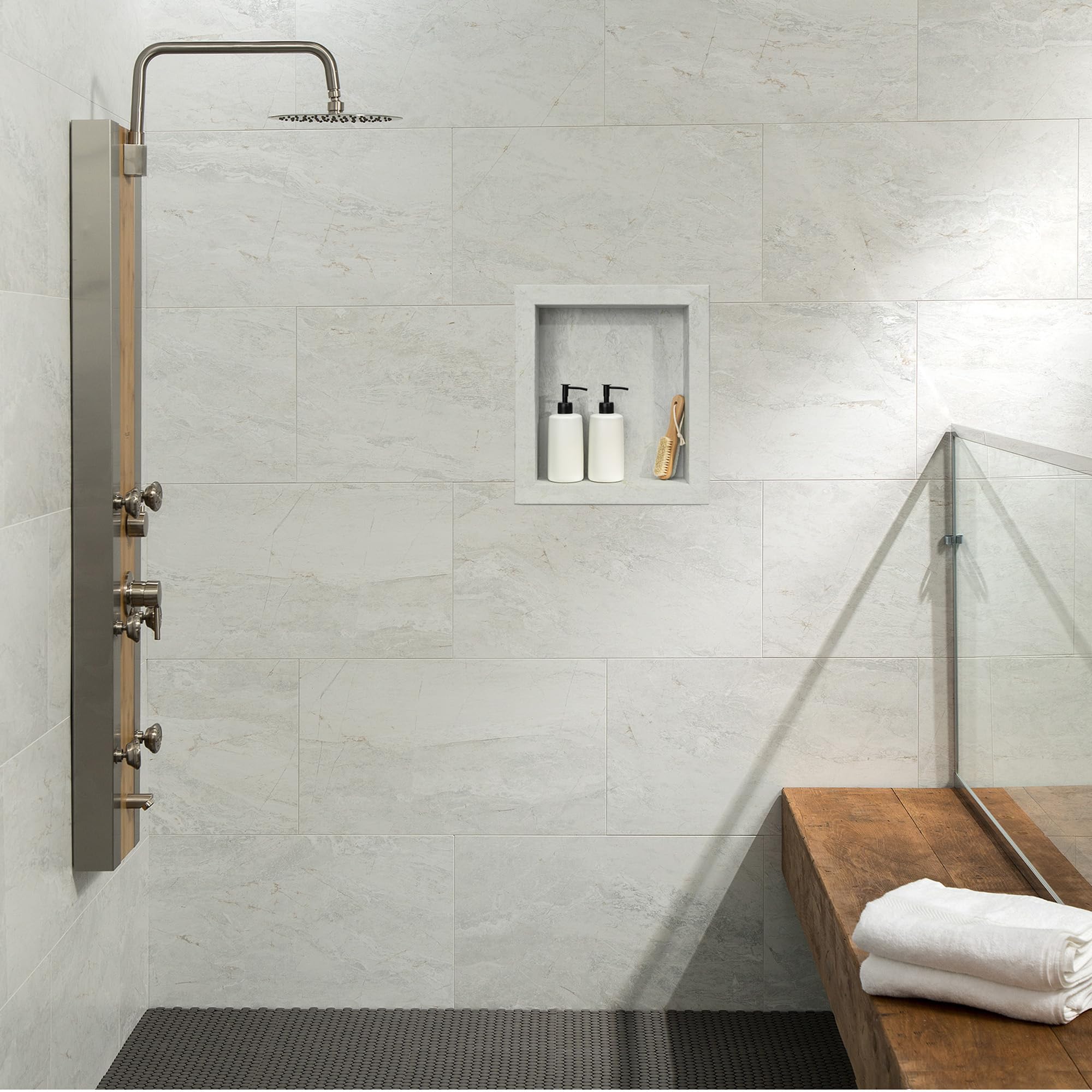 Palisade 17.5 in x 15.5 in Vinyl Shower Niche Ashen Slate | Waterproof Shower Insert