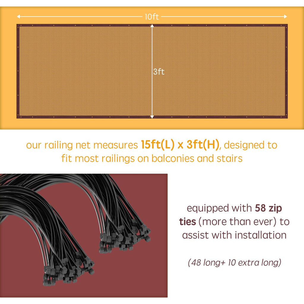 Baby Gates for Stairs with Banister, Guard Safety Net for Baby, 10ft x 3ft Stair Railing Mesh Barrier for Kids, Cats, Dogs, Child Safety Rail Guard - Dark Brown