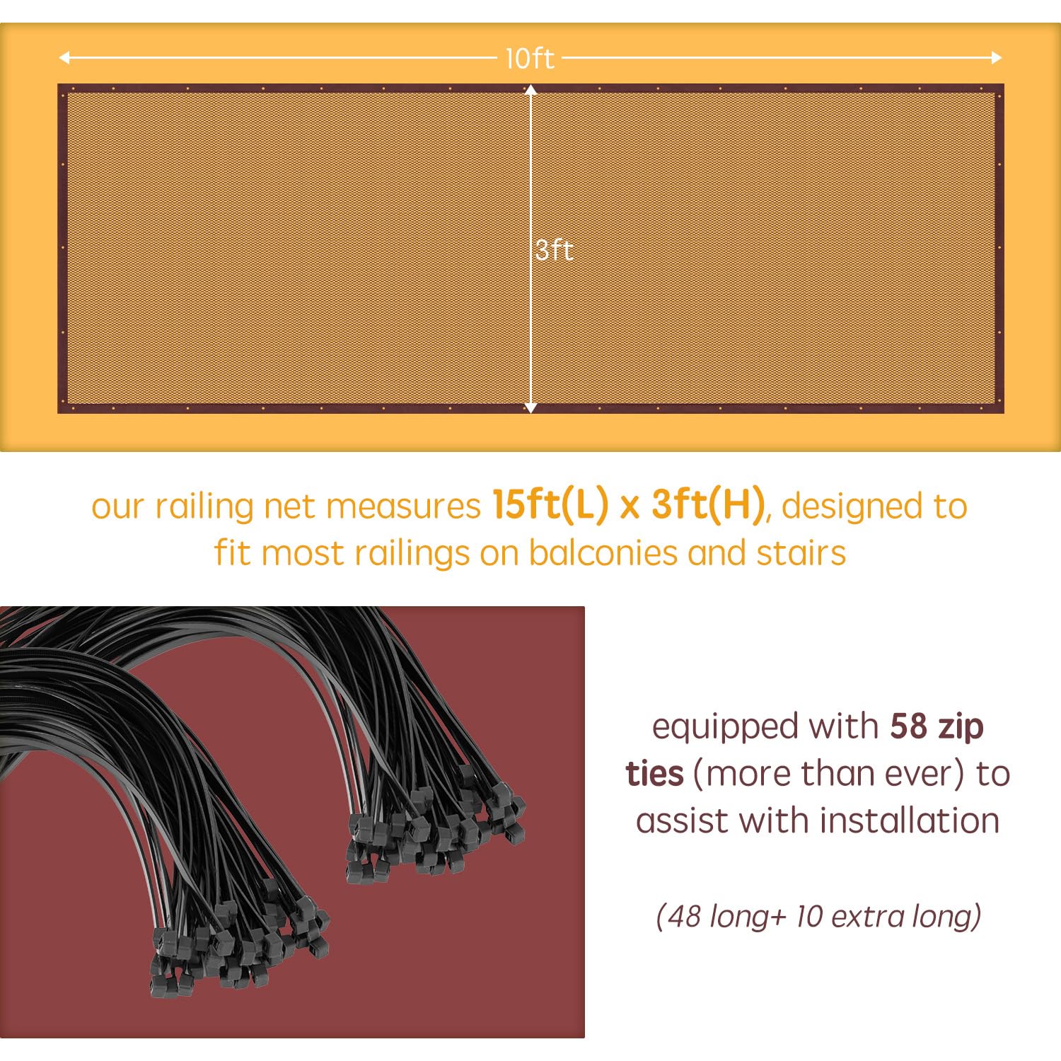 Baby Gates for Stairs with Banister, Guard Safety Net for Baby, 10ft x 3ft Stair Railing Mesh Barrier for Kids, Cats, Dogs, Child Safety Rail Guard - Dark Brown