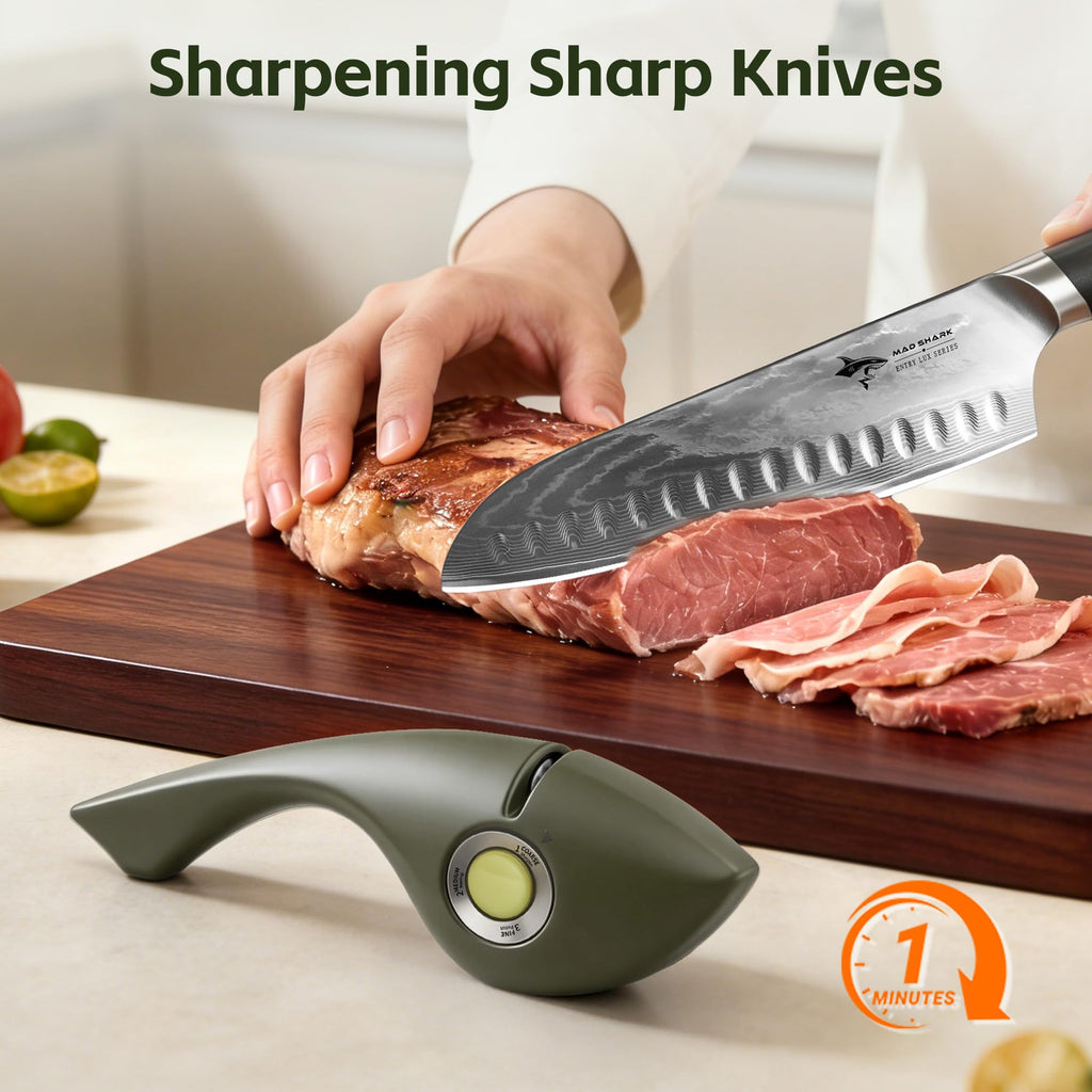 MAD SHARK 1-Button 3-Stage Knife Sharpener - Adjustable Diamond & Ceramic, No-Scratch ABS Body for All Kitchen/Pocket Knives,Repairs, Sharpens & Polishes,One-Handed Operation with Non-Slip Base