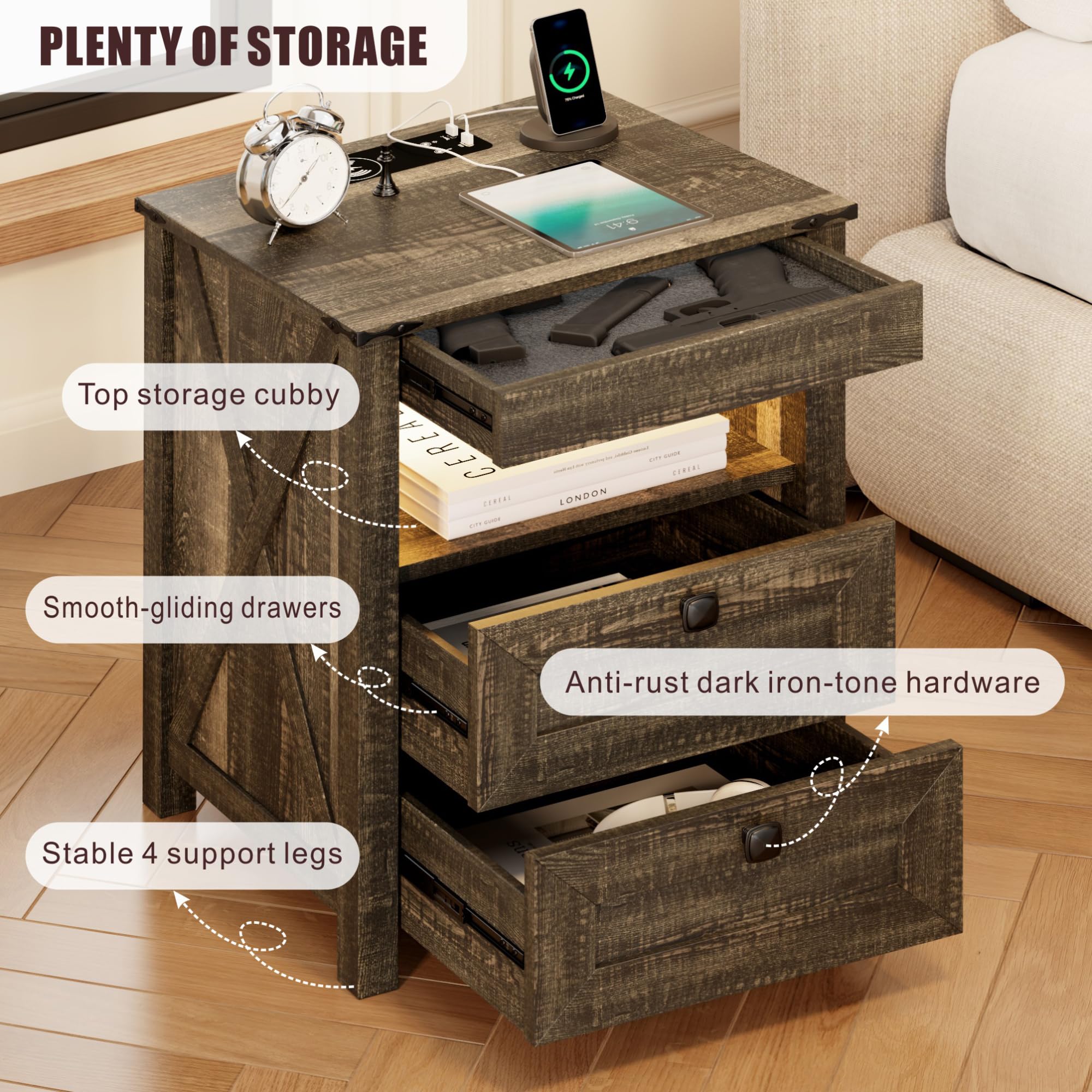 TAGELIER Farmhous Nightstand with Gun Drawer,Bedside Table with Charging Station, Gun Night Stand with LED Light & Human Sensor,Smart End Table for Bedroom, Black