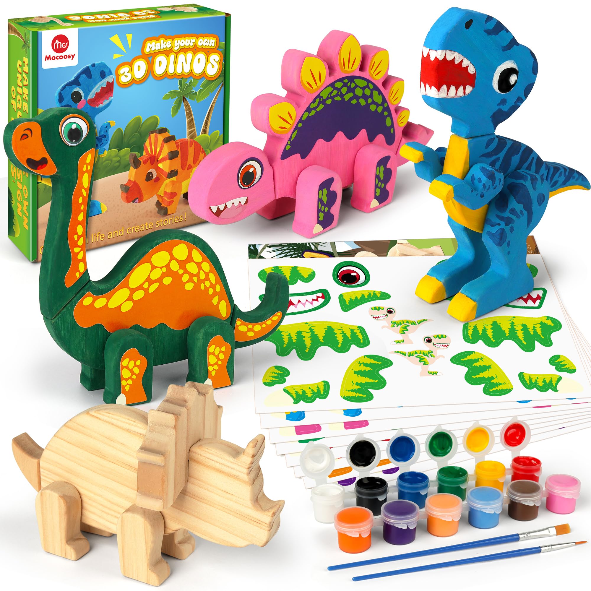 Mocoosy Wooden Dinosaur Painting Art and Craft Kit for Kids 4-8, Build & Decorate Your Own Dinos with Paint & Stickers, Wood Dinosaur Builder Game Montessoi Educational Toy Gift Toddler Boys Girls 3-5