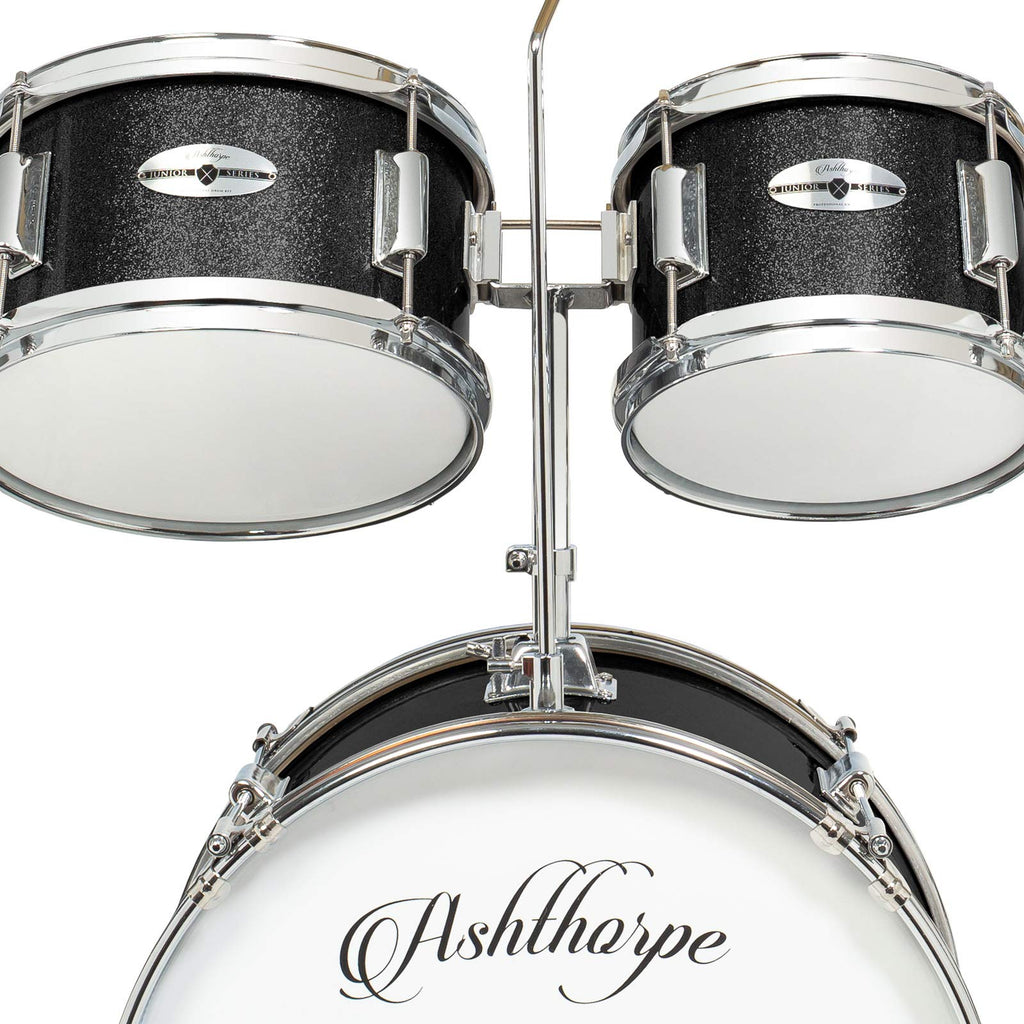 Ashthorpe 5-Piece Complete Kids Drum Set with Genuine Brass Cymbals - Junior Beginner Kit with 16" Bass, Throne, Hi-Hats, Pedals & Drumsticks - Black