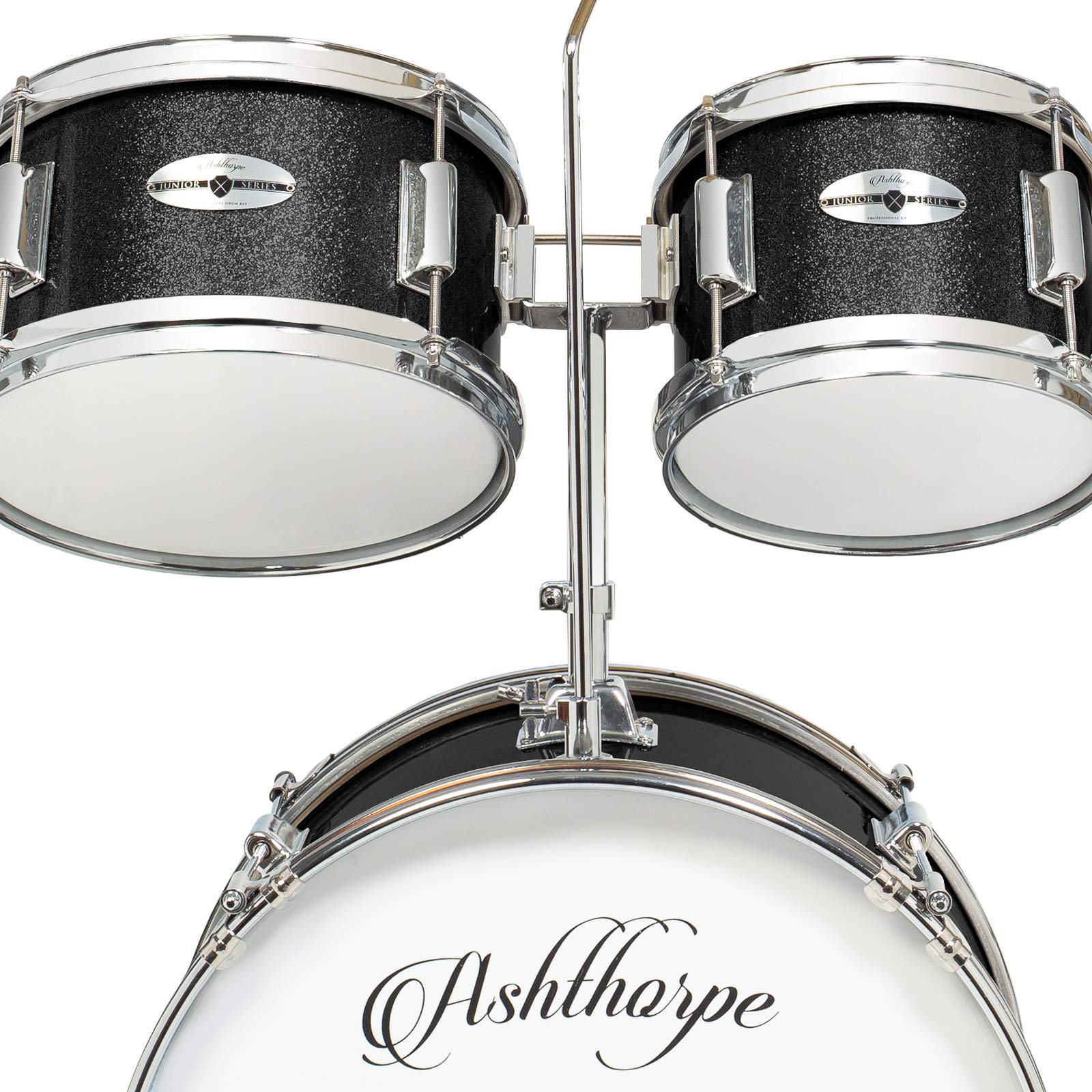 Ashthorpe 5-Piece Complete Kids Drum Set with Genuine Brass Cymbals - Junior Beginner Kit with 16" Bass, Throne, Hi-Hats, Pedals & Drumsticks - Black