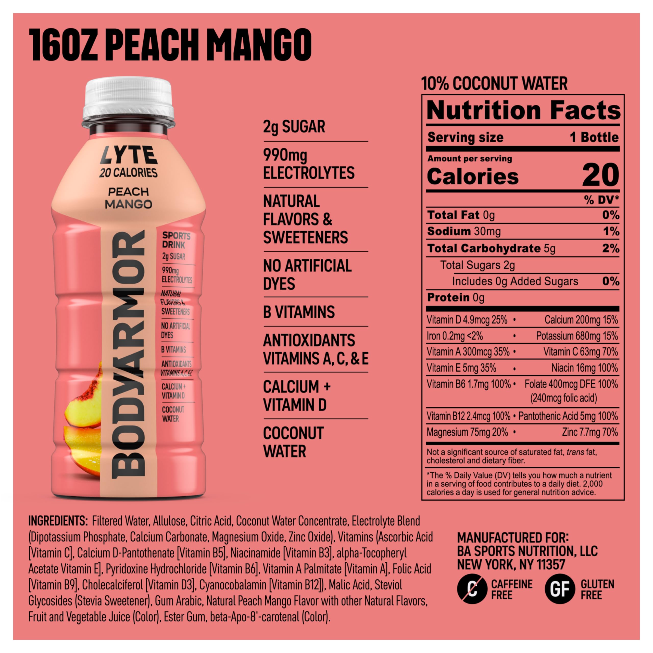 BODYARMOR Lyte Sports Drink Low-Calorie Beverage, Blueberry Pomegranate, Coconut Water Hydration, Natural Flavors with Vitamins, Potassium-Packed Electrolytes, 16 Fl Oz (Pack of 12)