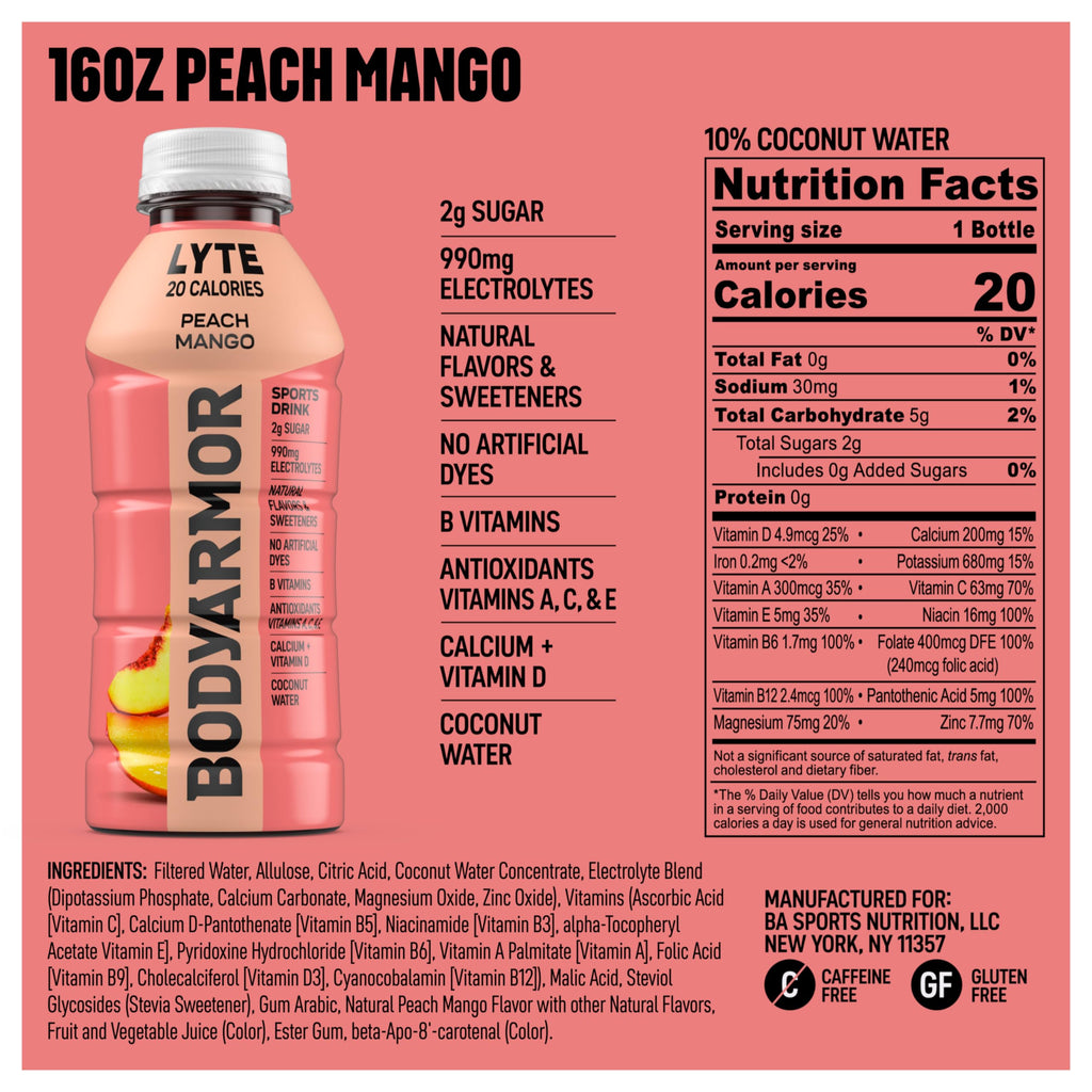 BODYARMOR Lyte Sports Drink Low-Calorie Beverage, Blueberry Pomegranate, Coconut Water Hydration, Natural Flavors with Vitamins, Potassium-Packed Electrolytes, 16 Fl Oz (Pack of 12)