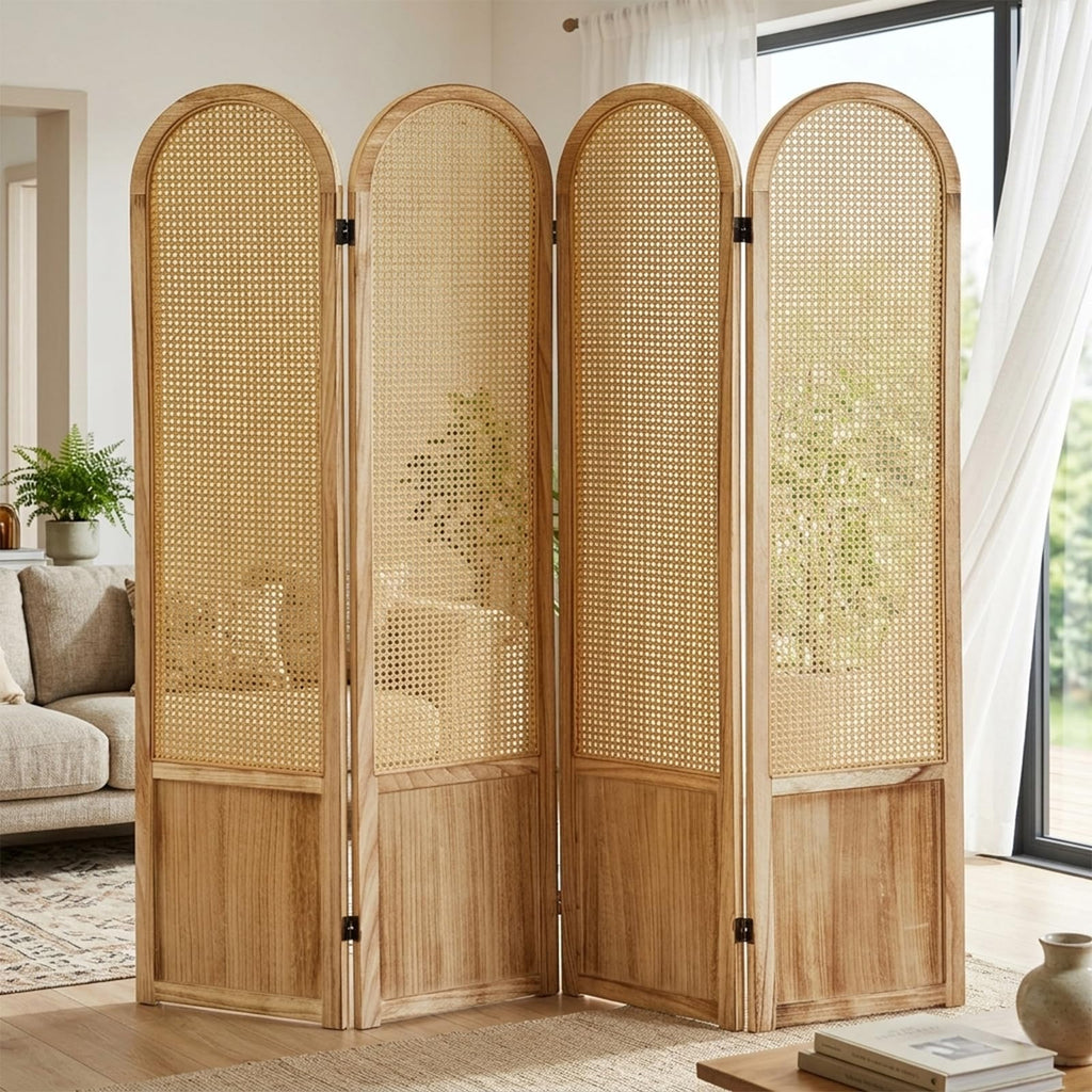 Hand-Woven Rattan Room Divider 3 Panels, 5.9 Ft Tall Wood Room Divider Panel, Partition Screen Divider Wall, Folding Privacy Screen, Wall Divider for Room Separation Home Office - Black
