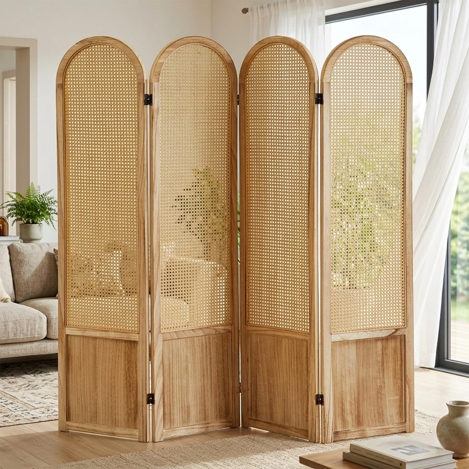 Hand-Woven Rattan Room Divider 3 Panels, 5.9 Ft Tall Wood Room Divider Panel, Partition Screen Divider Wall, Folding Privacy Screen, Wall Divider for Room Separation Home Office - Black