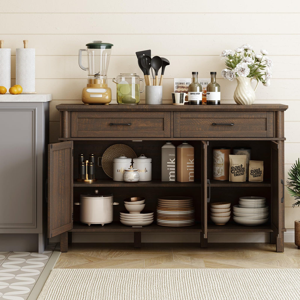 ONBRILL 48 Inches Buffet Cabinet with Storage, Farmhouse Sideboard Buffet w/2 Drawers and 3 Doors, Wood Coffee Bar Cabinet with Adjustable Shelves, Sideboard Storage for Kitchen, Living Room, Black