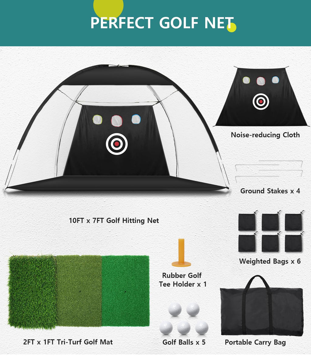 Golf Net: 10x7FT Golf Practice Net for Backyard Driving, Hitting Net with Tri-Turf Mat, Indoor Training Chipping Aid Nets with Reduce Noise Nylon Target, Gifts for Men/Dad/Him