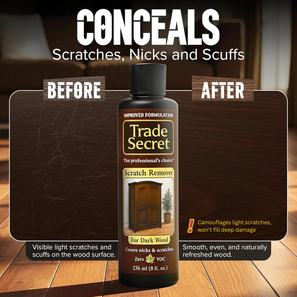Trade Secret Scratch Concealer for Dark Wood Furniture & Floors – Dark Brown Shade Stain Covers Nicks, Scuffs, Dog & Cat Scratches, Minor Defects – Real Wood Only