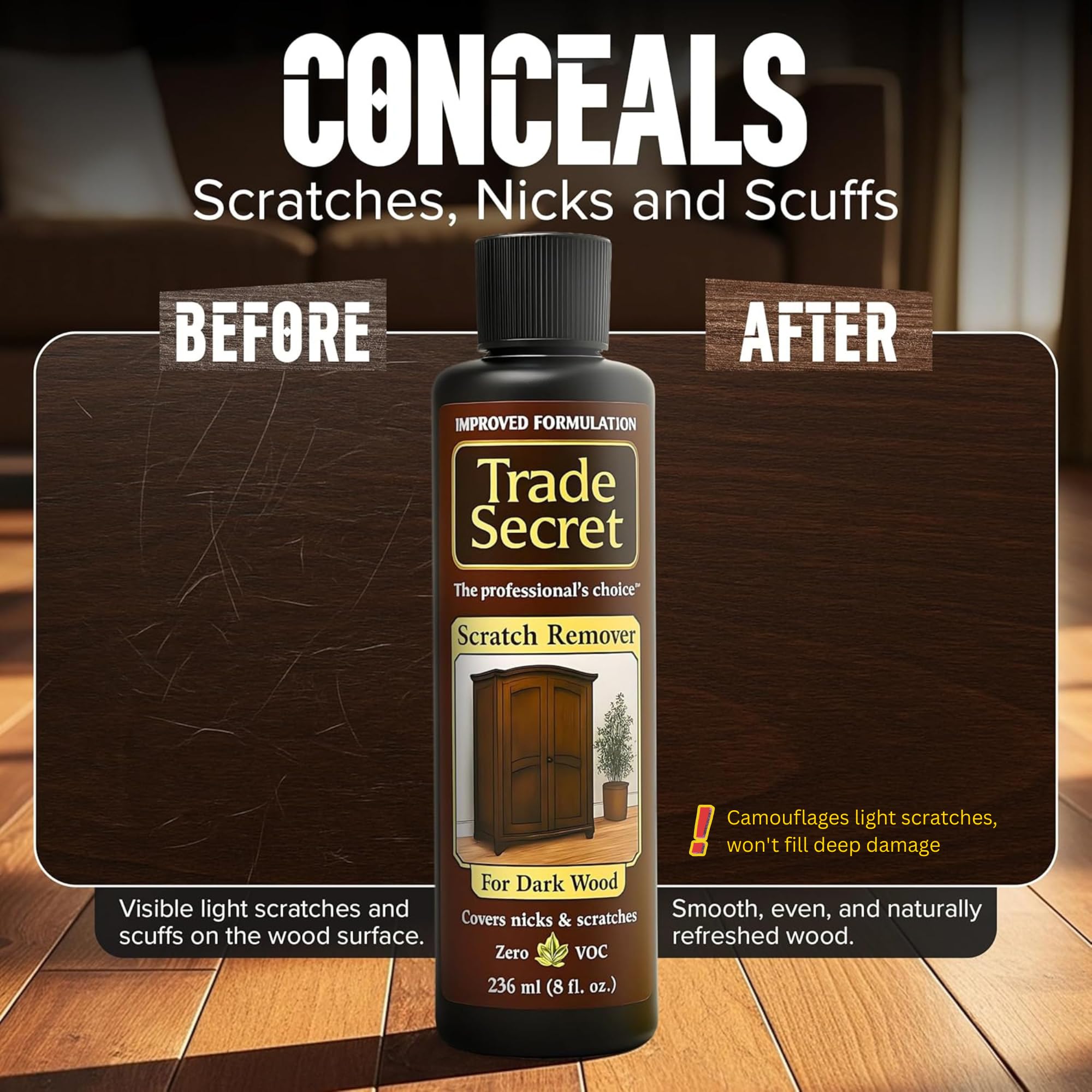 Trade Secret Scratch Concealer for Dark Wood Furniture & Floors – Dark Brown Shade Stain Covers Nicks, Scuffs, Dog & Cat Scratches, Minor Defects – Real Wood Only