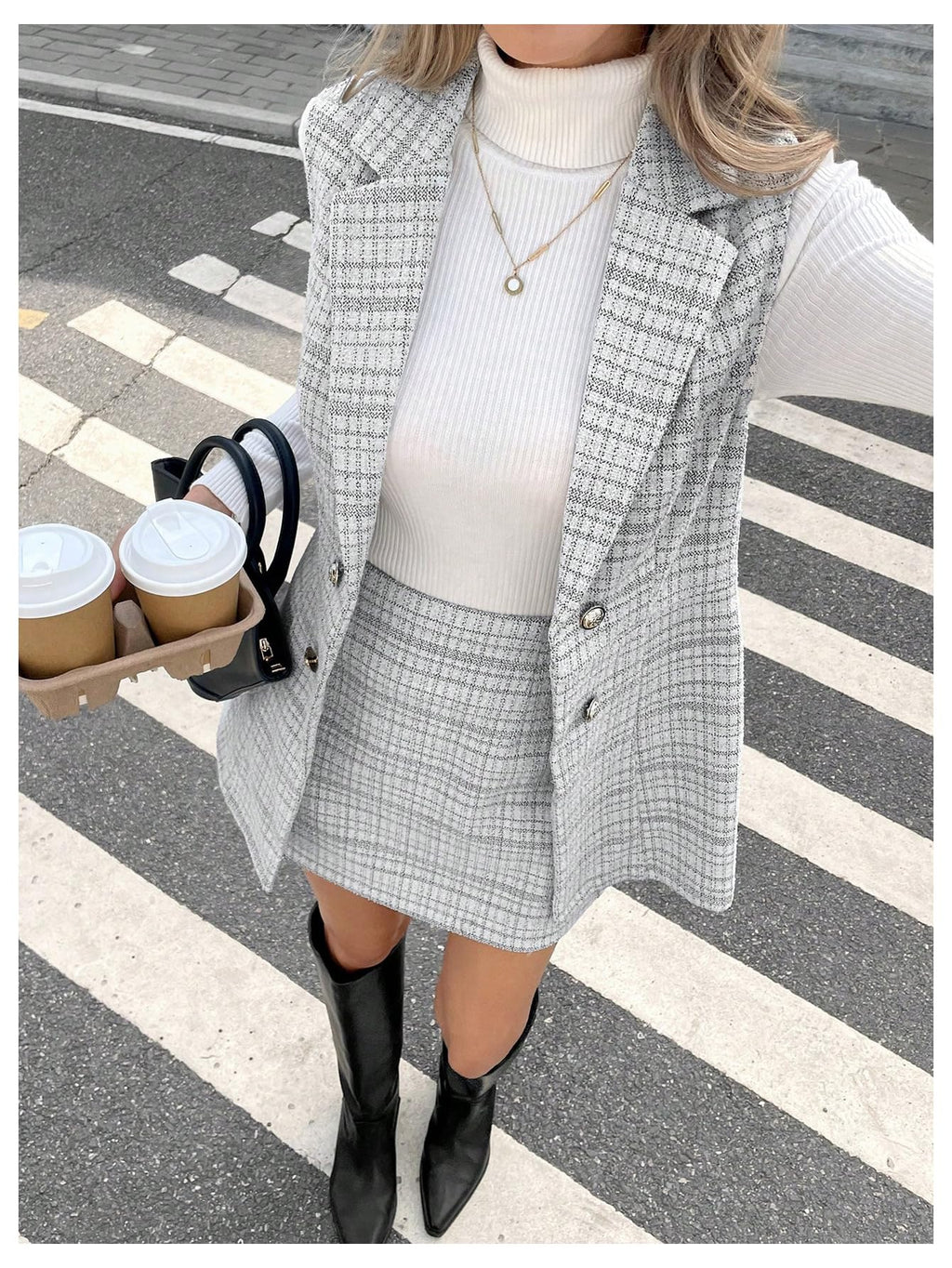 Floerns Women's 2 Piece Outfit Workwear Plaid Print Lapel Neck Vest Blazer and Skirt Set