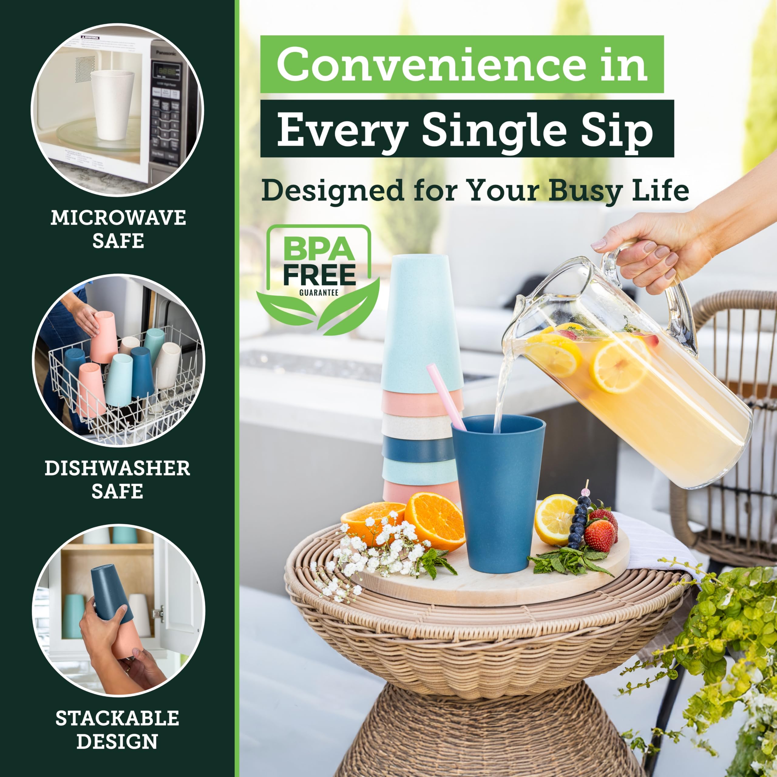 Grow Forward Premium Wheat Straw Cups - 13 & 20 oz Unbreakable BPA Free Hard Plastic Cups - Reusable Lightweight Plastic Drinking Glasses for Kitchen, Outdoor, Water, Camping, RV - Midnight