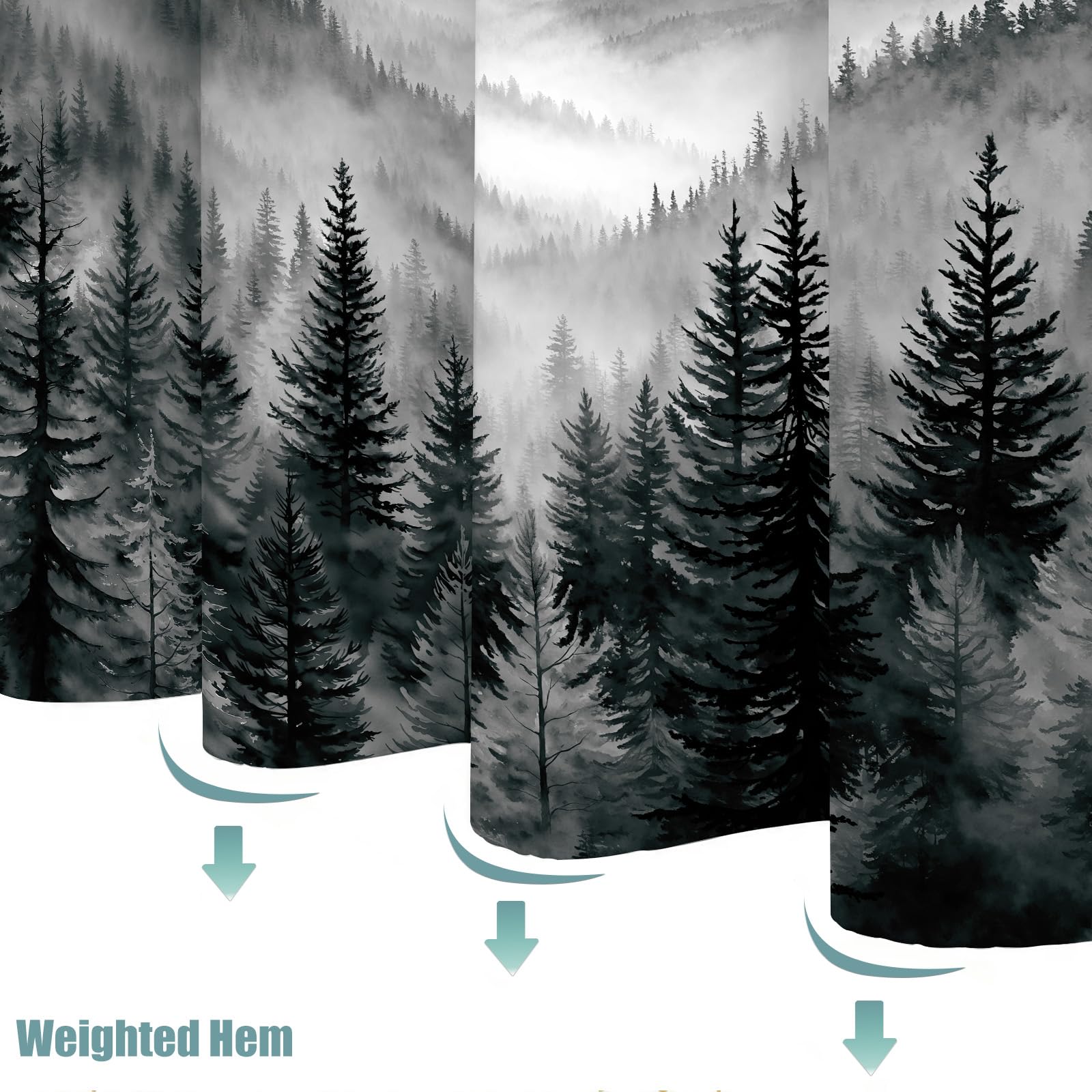Stall Small Black and White Misty Forest Shower Curtain Ombre Gray Grey Mountain Pine Tree Waterproof Fabric Shower Curtains for Bathroom Nature Woodland Decorative Bath Curtain Decor 36×72 Inches