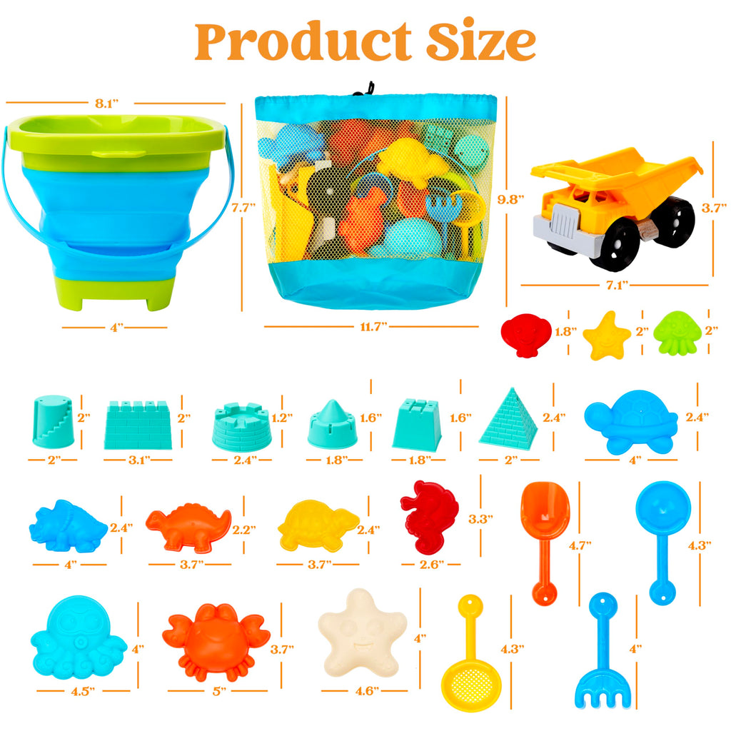 Sloosh Beach Sand Toys Set - Dump Truck Car Toy with Sand Molds for Toddlers Outdoor Play, Collapsible Foldable Buckets Mesh Bag Shovels Castle Animal Mold Sets, Kids Ages Sandbox Toys (Animals)