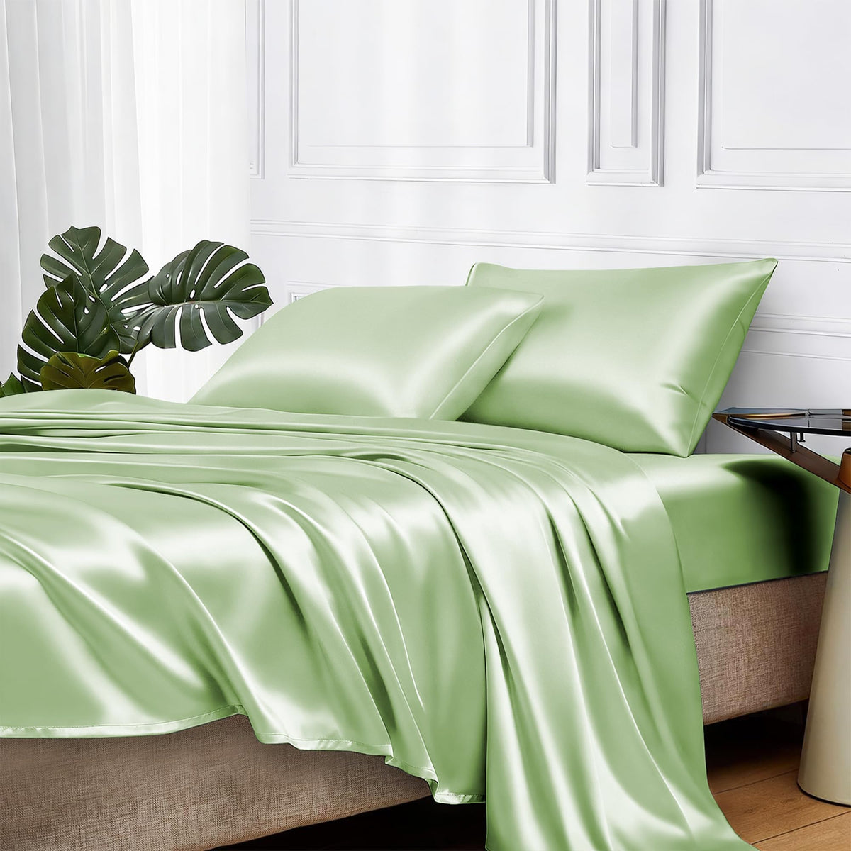 MR&HM Satin Sheets with Elastic Corner Straps, Twin Size 3-Piece Silky Bedding Set, Deep Pocket 15 Inches, Good for Hair & Skin (Twin, Black)