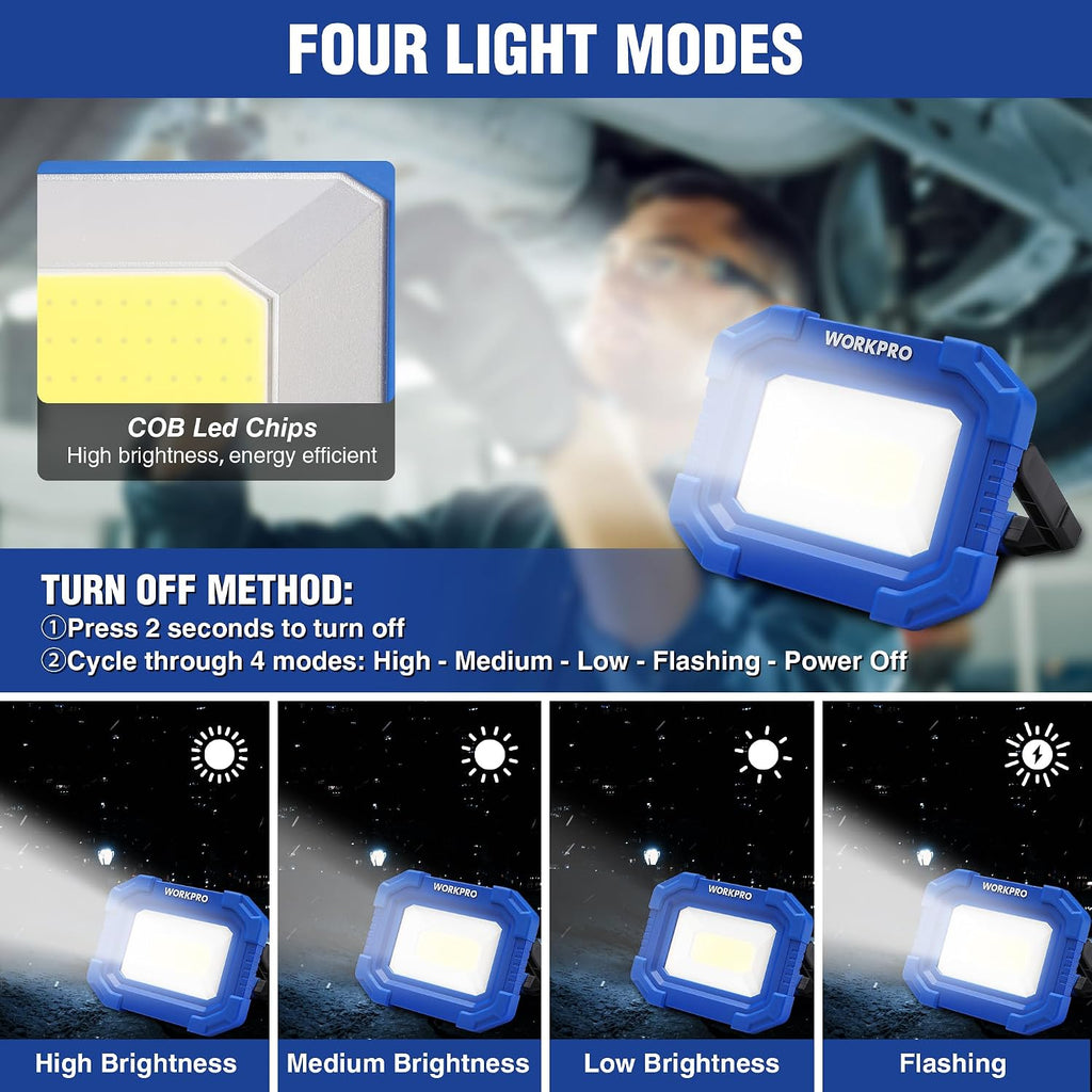 WORKPRO LED Work Light, Rechargeable Magnetic Work Lights with Stand, Portable 2000LM COB Flood Light for Camping, Fishing, Car Repair, Job Site Lighting, Hiking, 4 Modes, 2 Pack
