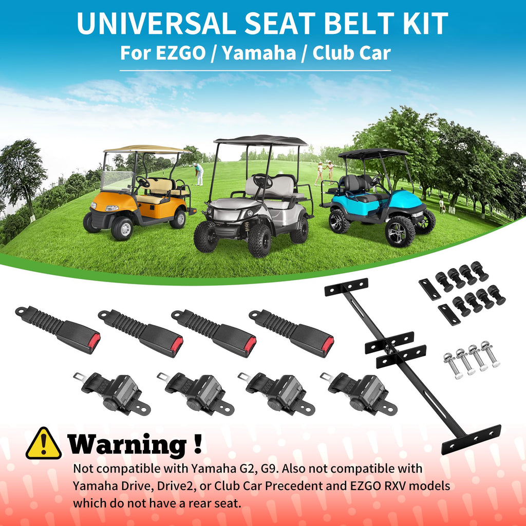10L0L 4 Passenger (2+2) Golf Cart Seat Belt Kit for EZGO, Yamaha, Club Car, Fits Front Rear Seat, with Bracket