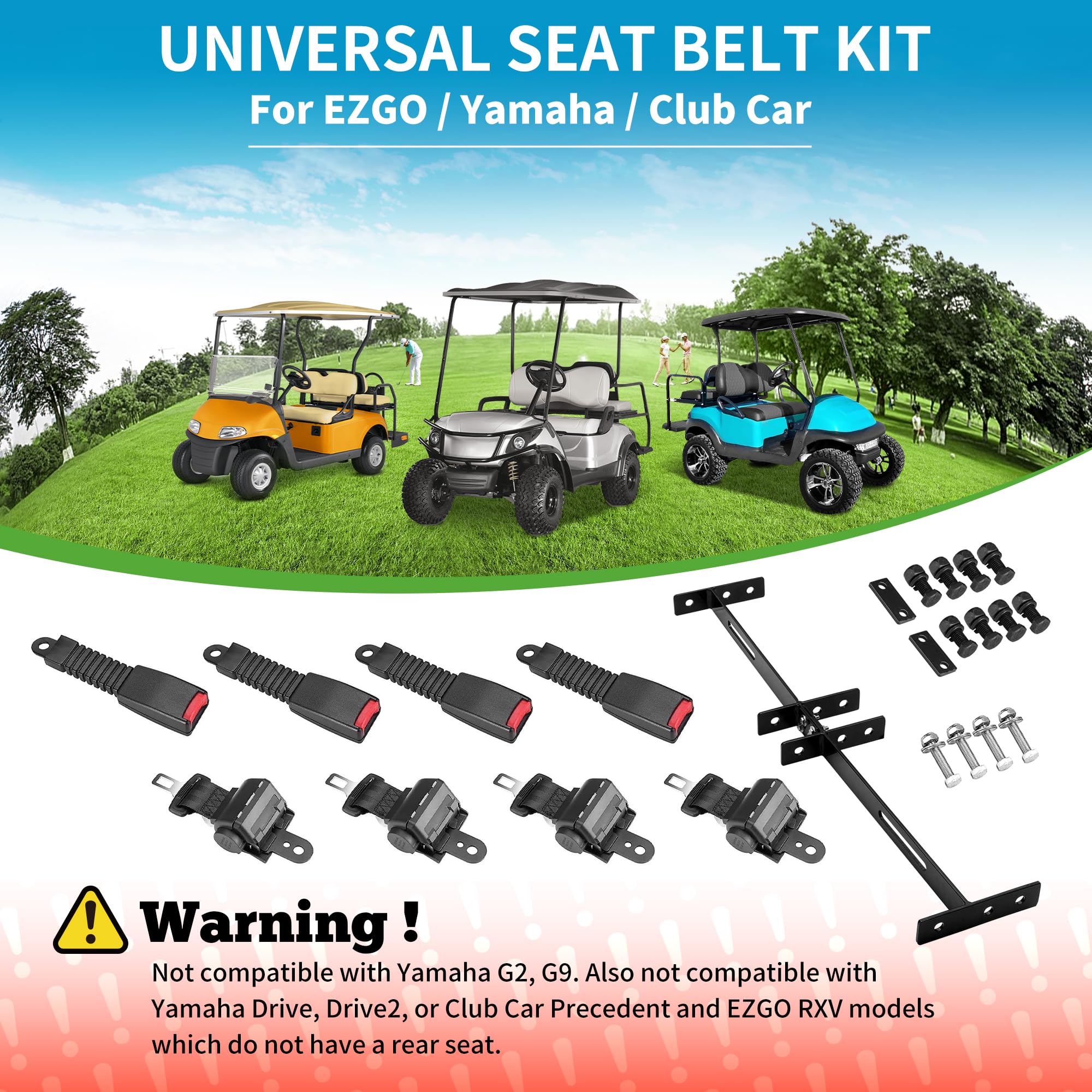 10L0L 4 Passenger (2+2) Golf Cart Seat Belt Kit for EZGO, Yamaha, Club Car, Fits Front Rear Seat, with Bracket