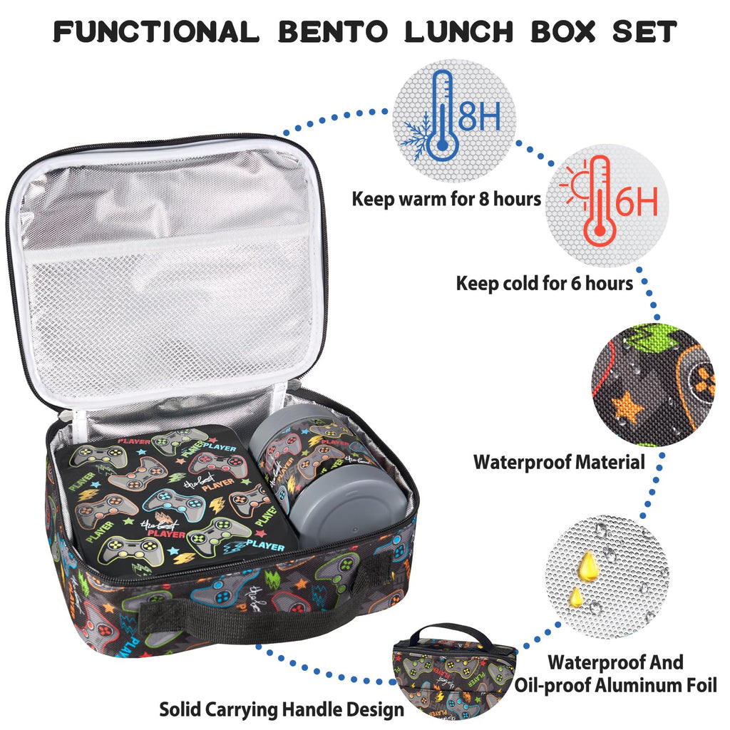 Bento Lunch Box Set for Kids with 10oz Soup Thermo, Leak-Proof Lunch Containers with 4 Compartment, Kids Thermo Hot Food Jar and Insulated Lunch Bag for Kid to School,BPA-Free(Basketball)