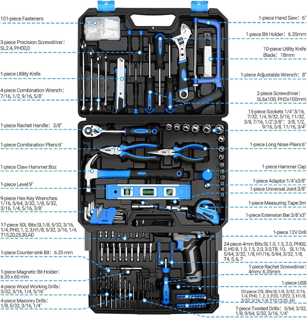 Tool Set: Tool Kit with 12V Cordless Drill, Hand Toolbox with storage case, Mechanic Tool set for Home Repairs, Green