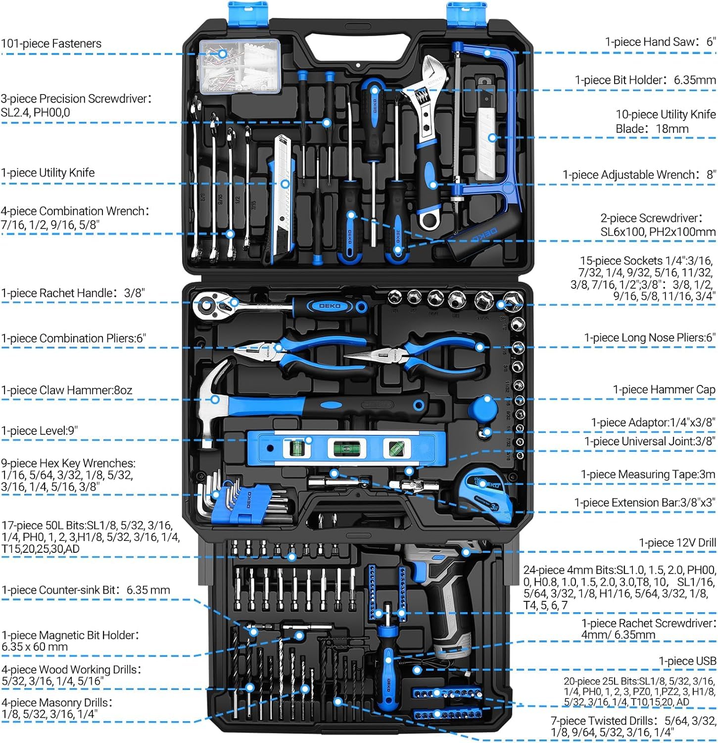 Tool Set: Tool Kit with 12V Cordless Drill, Hand Toolbox with storage case, Mechanic Tool set for Home Repairs, Green