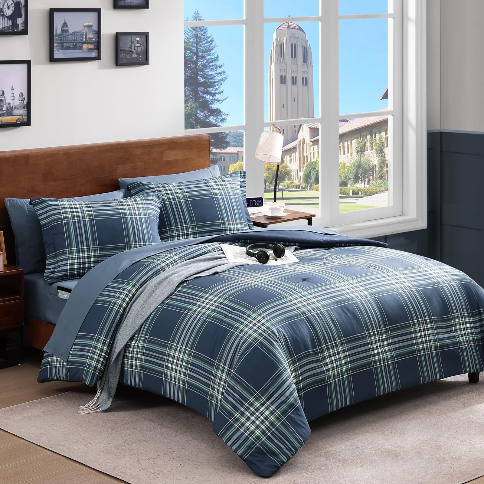 AMBERSPACE Plaid Twin XL Comforter Set Black, Reversible Checkered Bedding Set 5 Pieces for Boys Girls Teen, Lightweight Bed in a Bag for Dorm with Sheets, Pillowcase & Sham