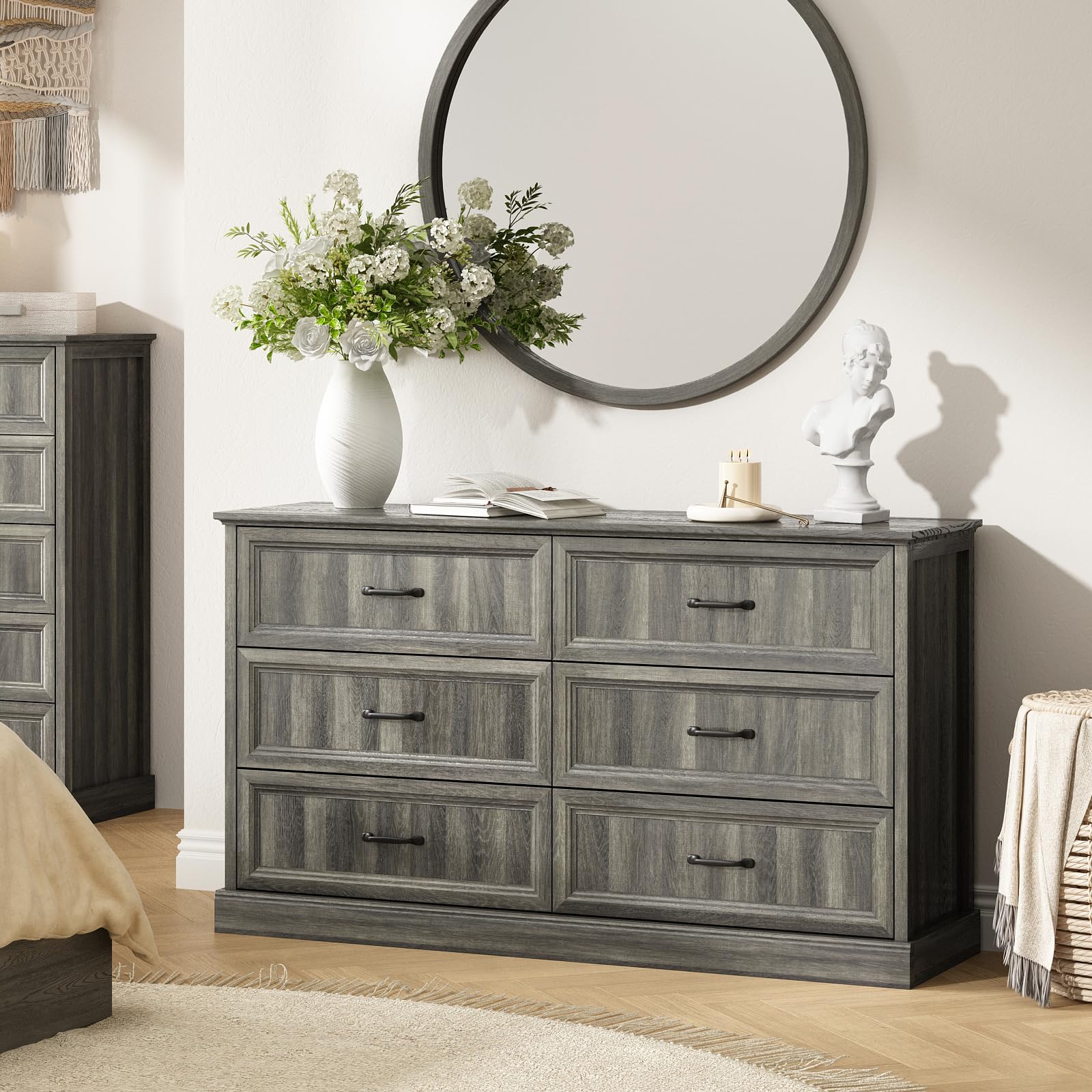 Farmhouse 5 Drawers Dresser for Bedroom, 44" Tall Brown dresser Wood Rustic Chest of Drawers with Wide Metal Handle,Natural Texture,Drawer Organizer for Bedroom,Living Room,Hallway and Entryway