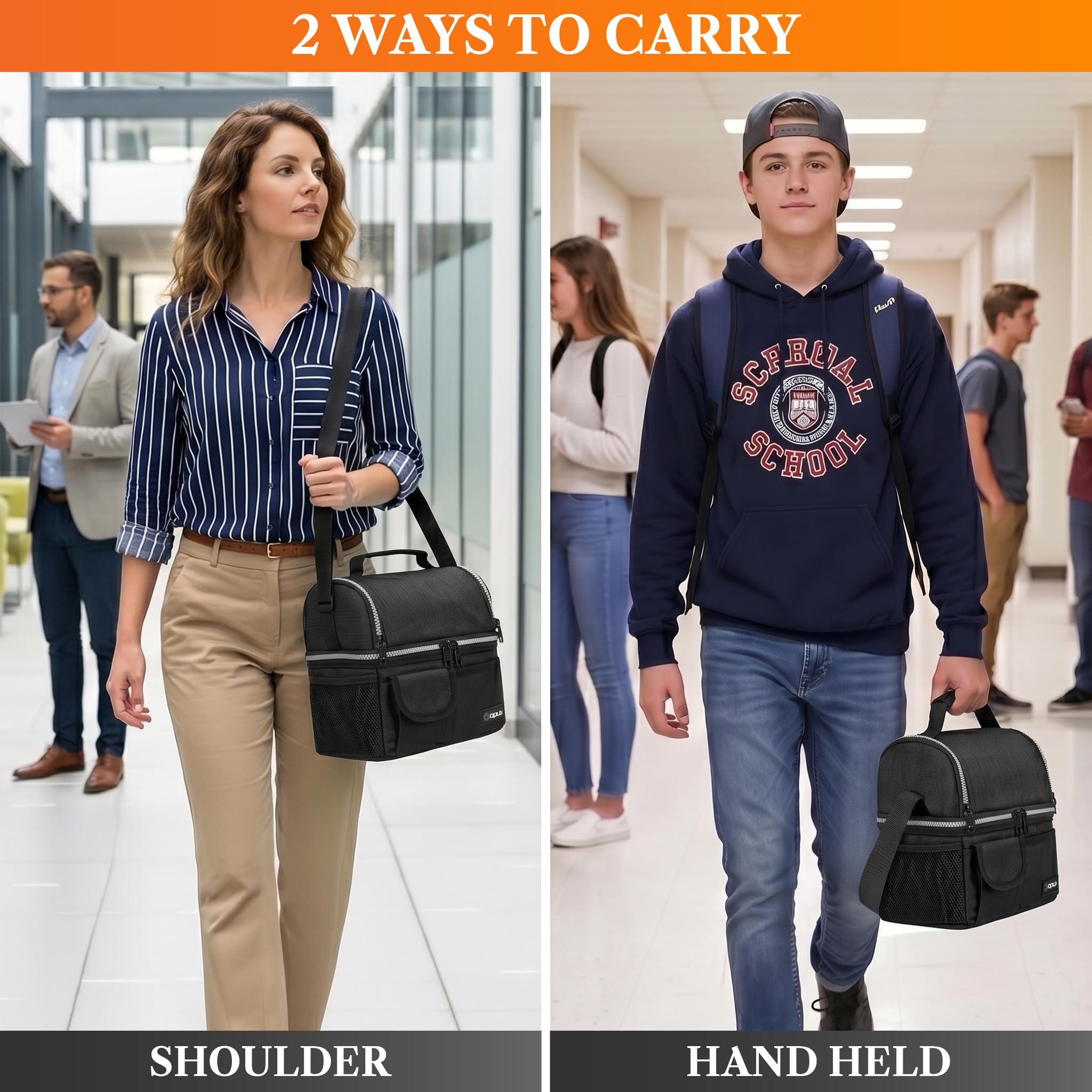 opux Insulated Lunch Bag Women Men, Dual Compartment Leakproof Lunch Box Adults Kids, Double Decker Meal Prep Bento Lunch Cooler Tote with Shoulder Strap for Work Office School Travel, Black