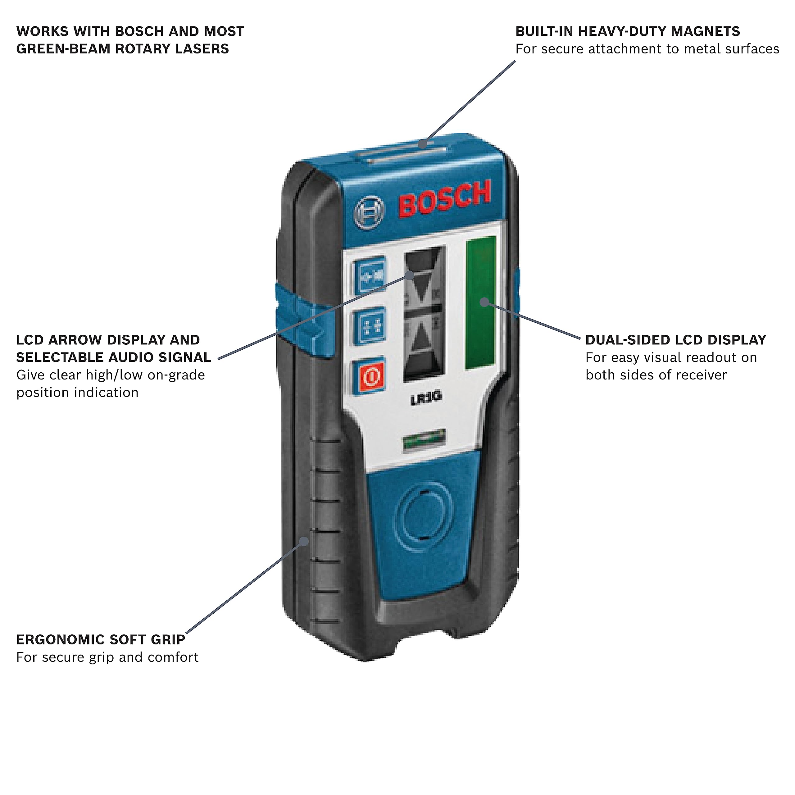 BOSCH LR1 500 Ft Green-Beam Rotary Laser Receiver, Includes Mounting Bracket & 9V Battery
