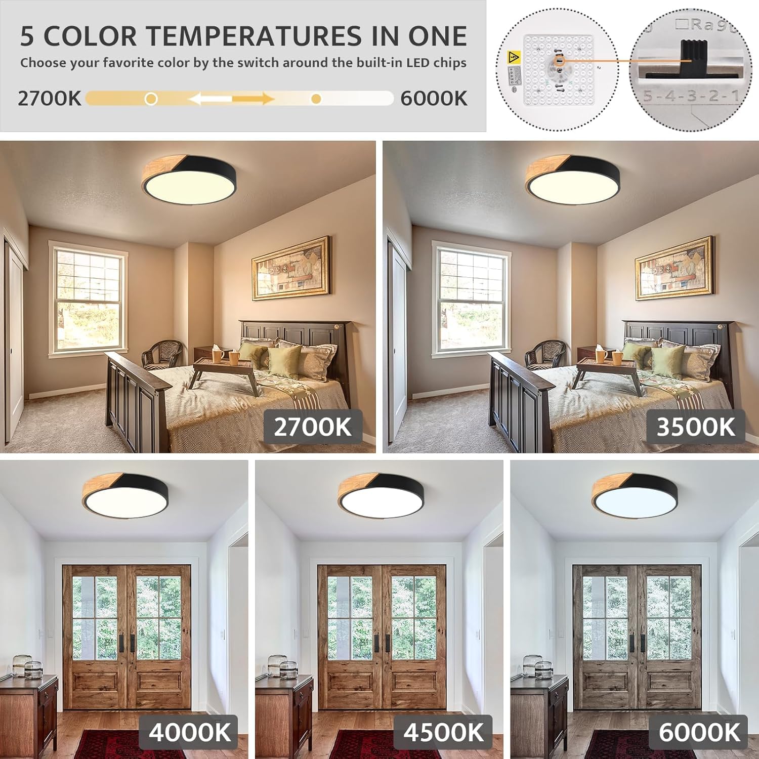 Modern LED Ceiling Light, Minimalist Wood Dimmable Flush Mount Ceiling Light Fixture, Round 5CCT Lighting Lamp with Acrylic Lampshade for Bedroom Hallway Kitchen Laundry, Black 11.8"